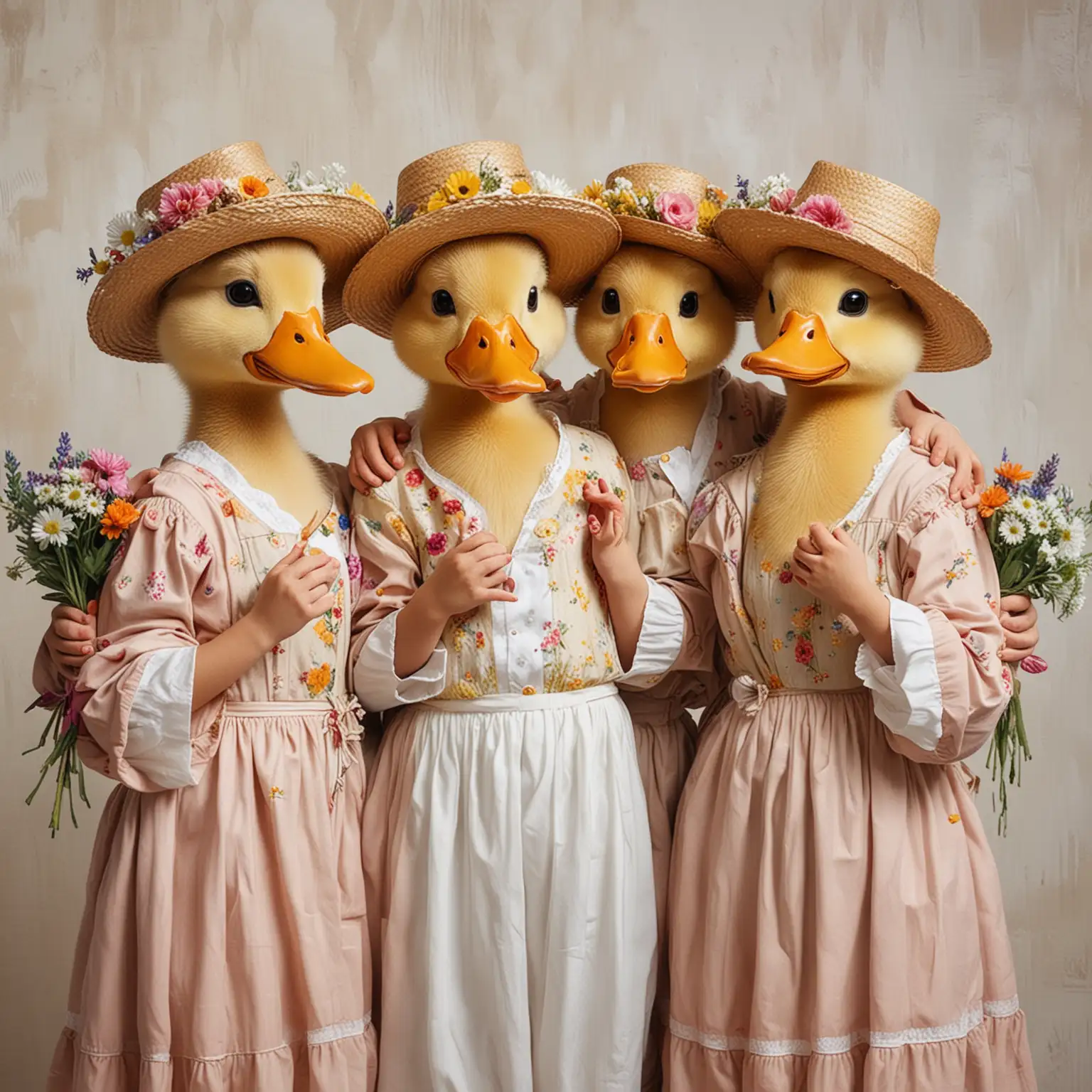 Four-Happy-Ducks-in-Human-Clothing-Celebrating-at-Girls-Party