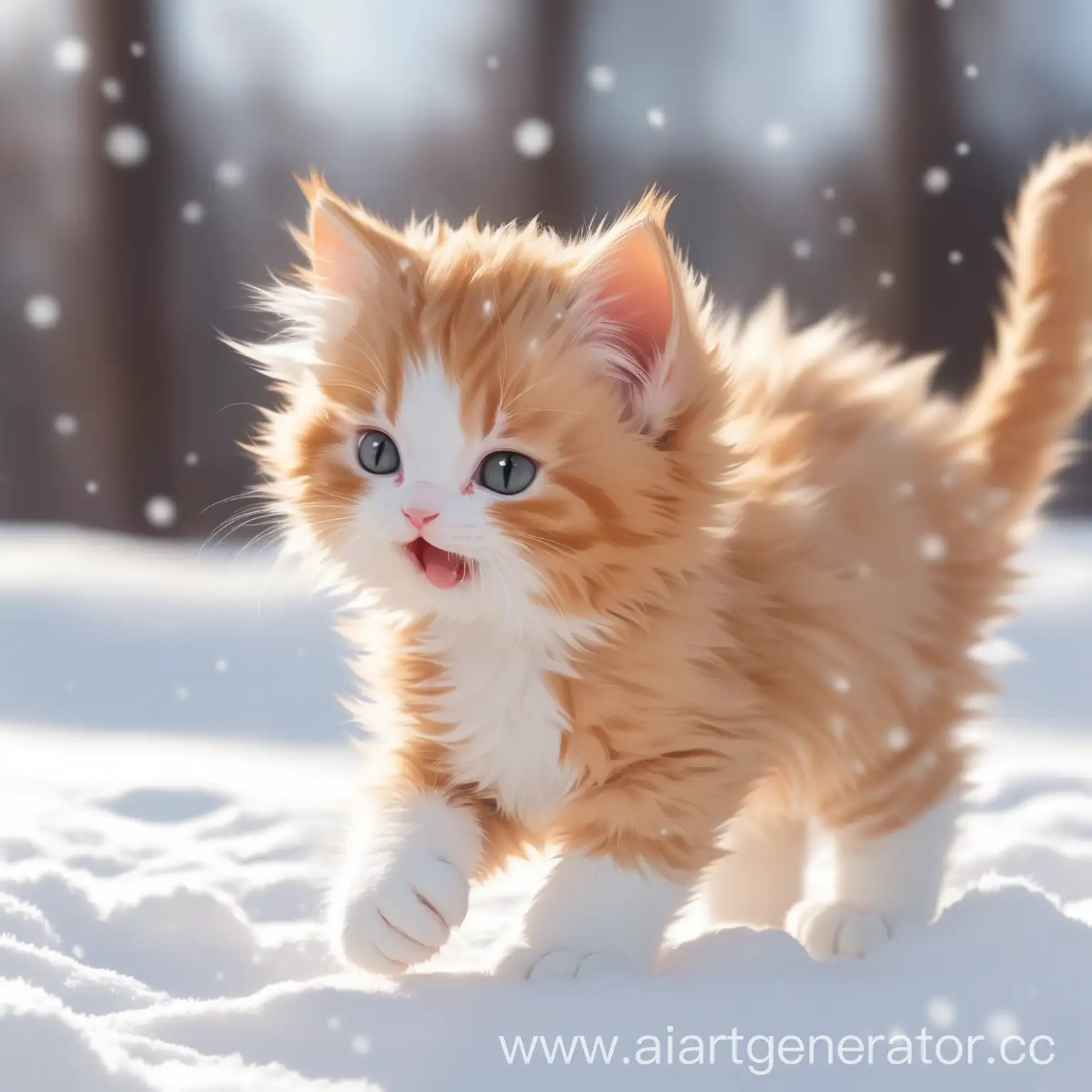 Пушистый рыжо-белый, весёлый котик играется зимой