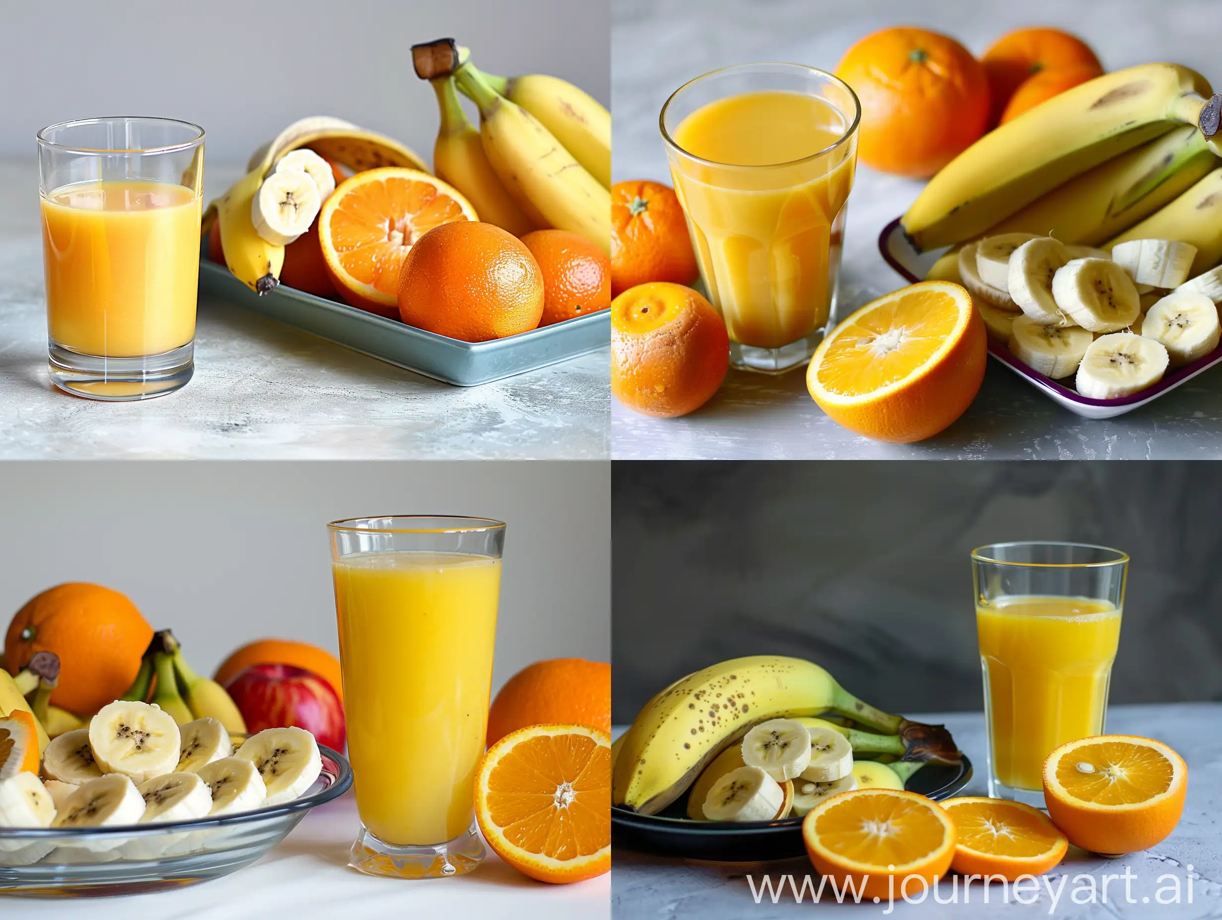 Photo of a glass of banana and orange juice next to banana and orange fruits in a serving dish