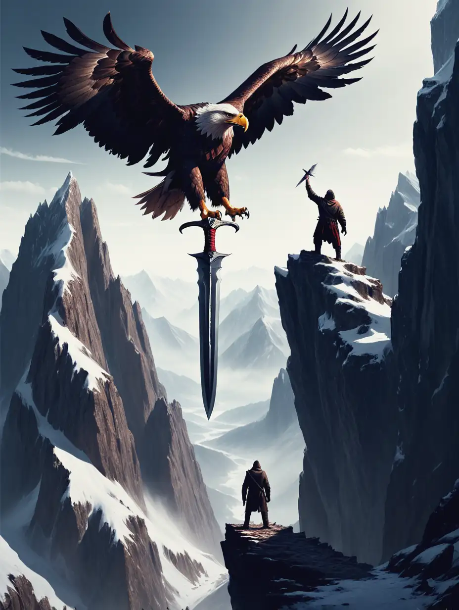 Мужчина стоит на вкршиге горы и над его головой огромный орел,который держит кинжал