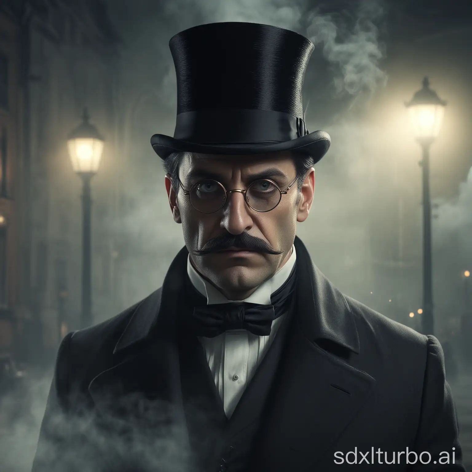 sinister french gentleman with a monocle face in background, cinematic, hyperrealistic, ultra hd, cubic lighting, person covered in fog