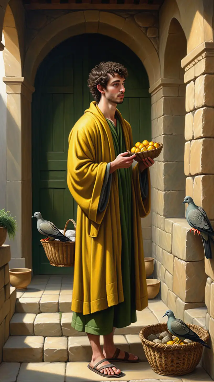 The realistic painting depicts a young and handsome man with short dark curly hair and a short dark curly beard in profile wearing a dark yellow mantel over a green robe, holding two turtledoves in a wicker basket in it and wearing sandals. The scene is set within the temple, suggested by the arched stone doorway and the worn stone walls.