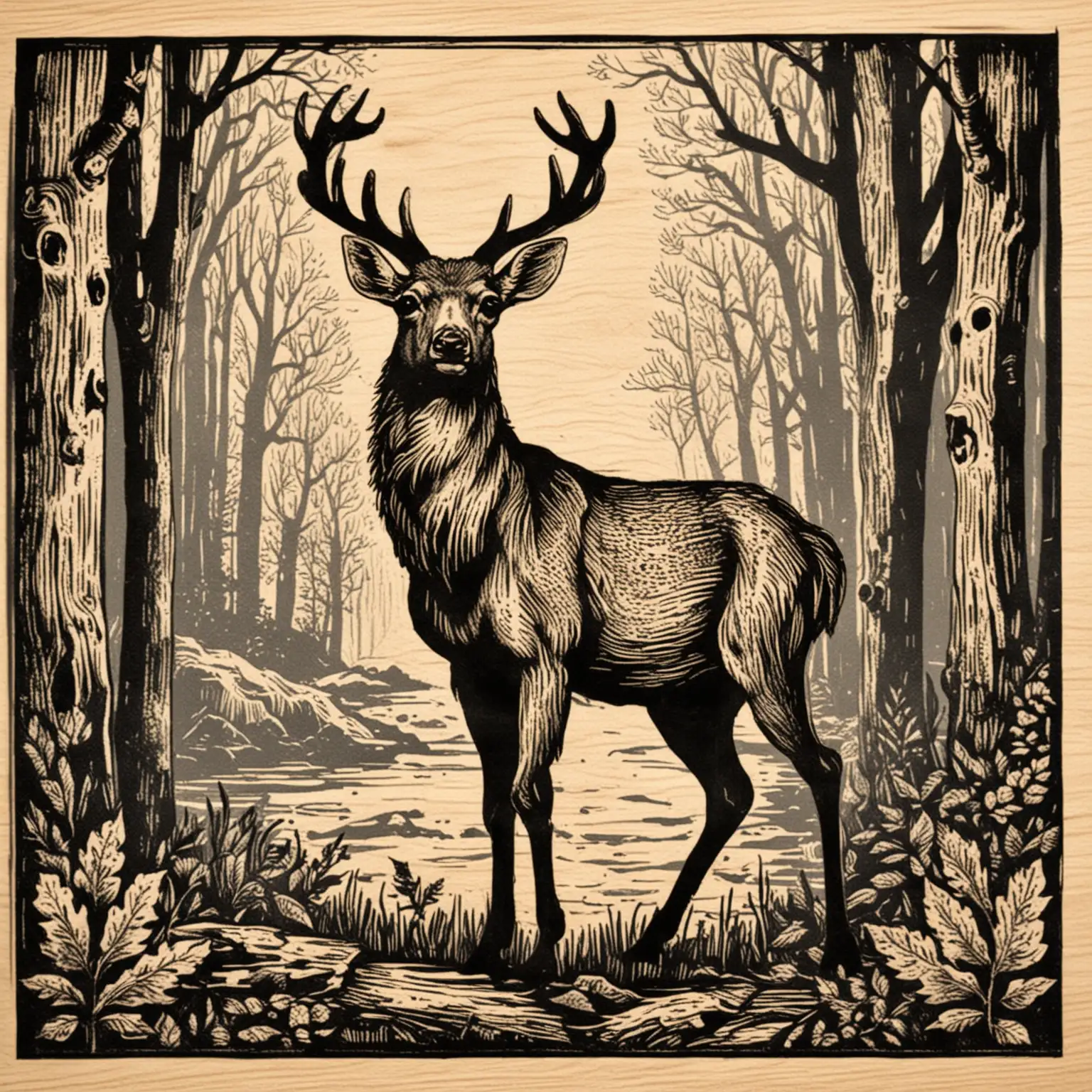 Majestic Woodcut Deer in Tranquil Forest Setting