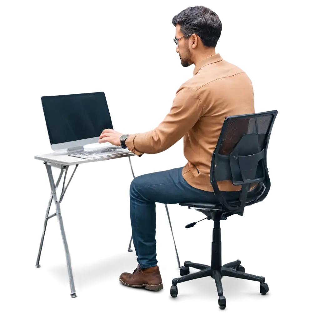 a man working on computer from the back angle sitting in a chair 

