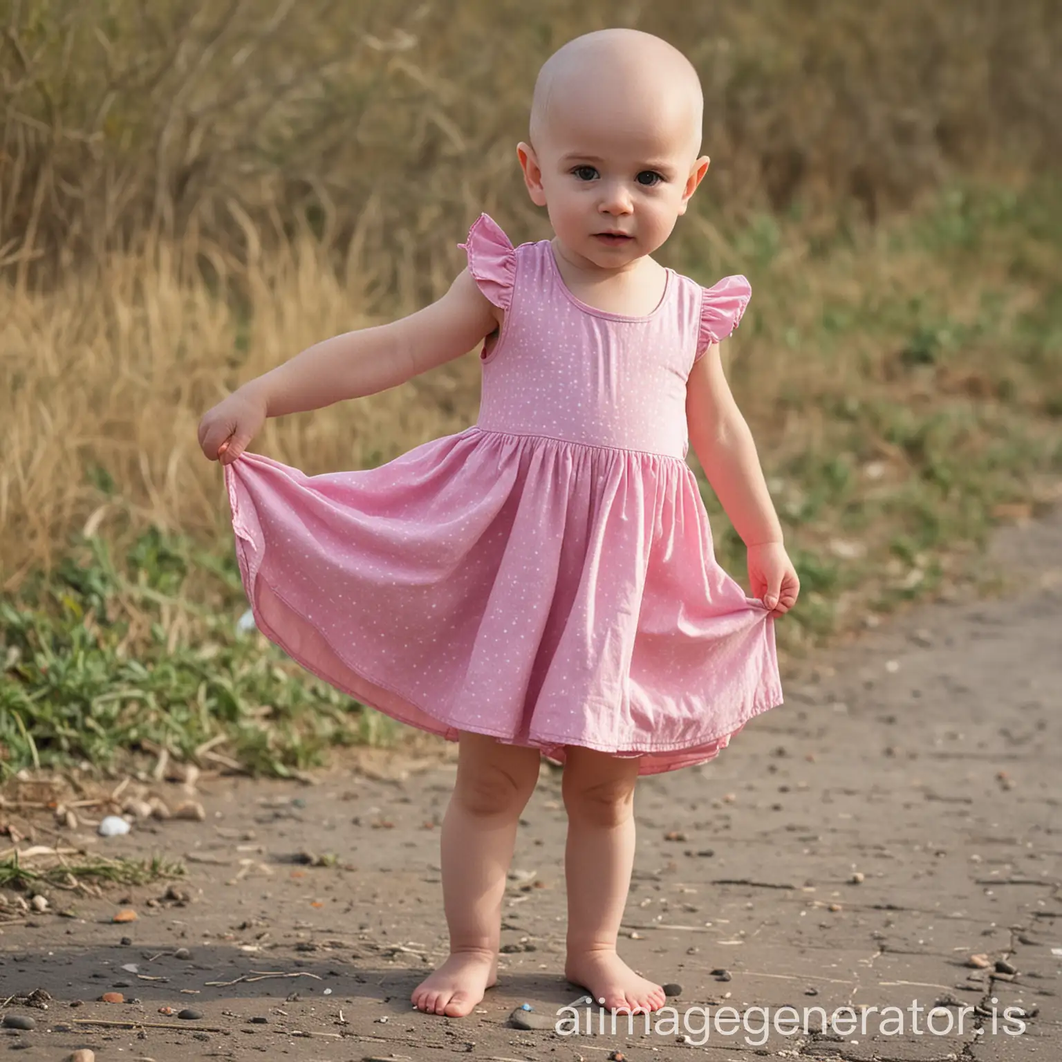 Adorable-Toddler-Girl-in-Pink-Dress-Standing-Barefoot