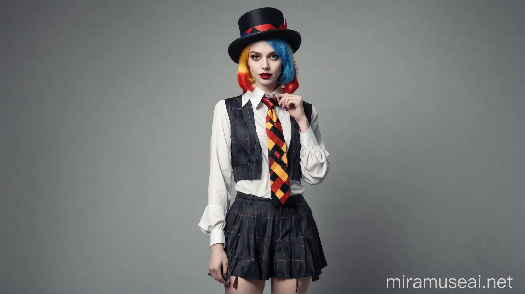 
Phographic harley quinn style bauhaus artistic mouvement and serge lutens style appealing young woman allure fashion gothcore uniform tie curveous waist full front no background geometric blue yellow and red runaway hat
