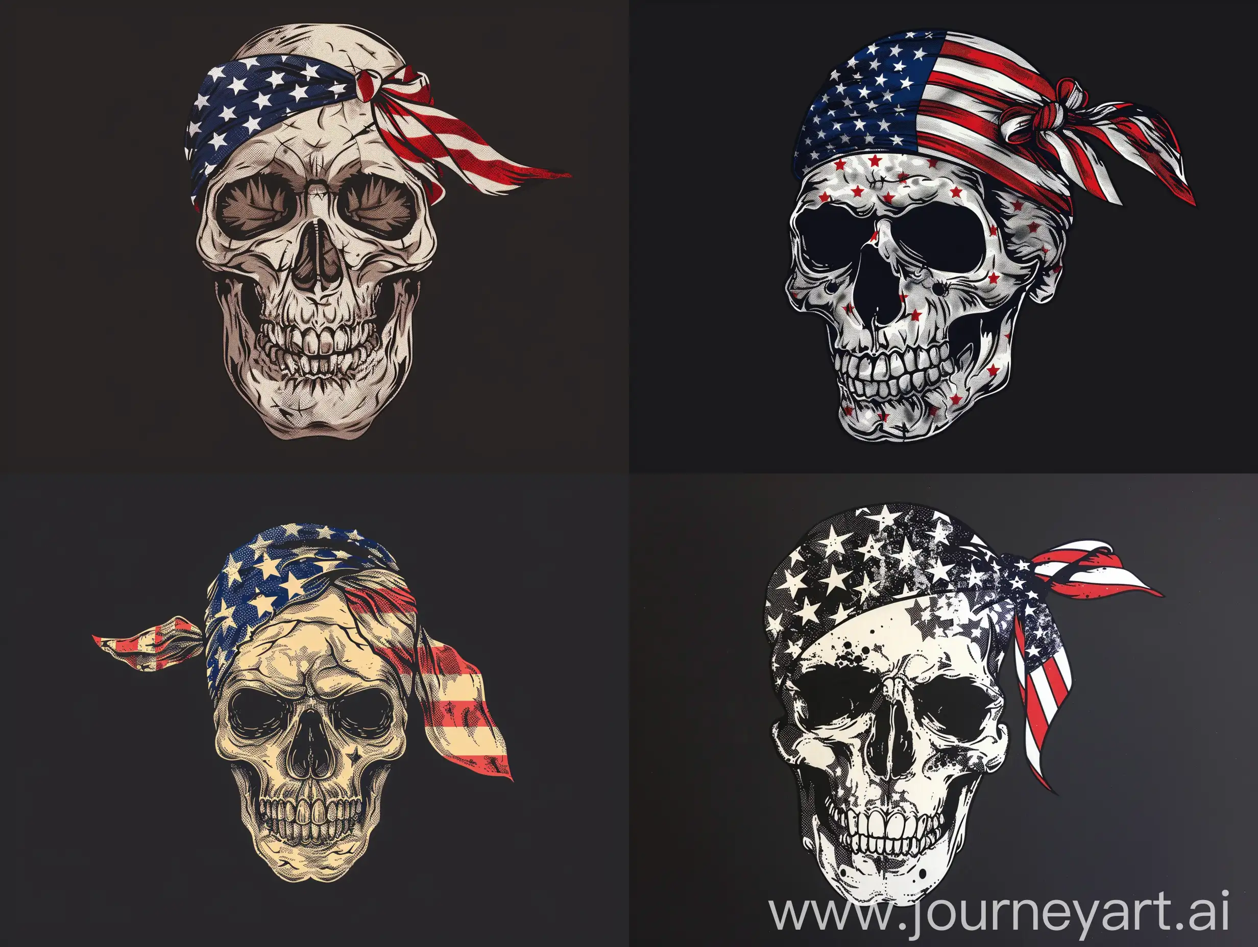 T-shirt print vector skull with an American flag 
tied in a bandana on the head on a black background  