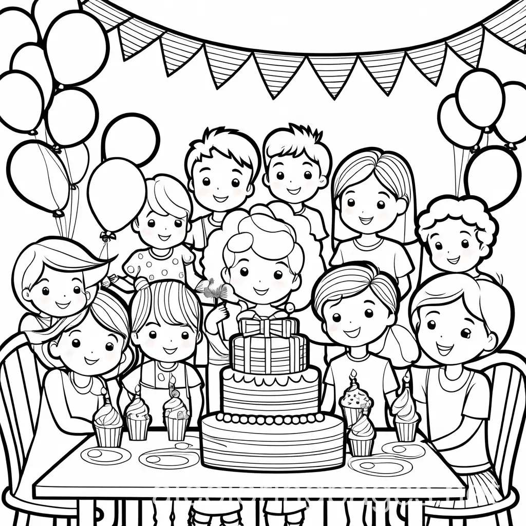 Childrens-Birthday-Party-Coloring-Page-Simple-Line-Art-on-White-Background