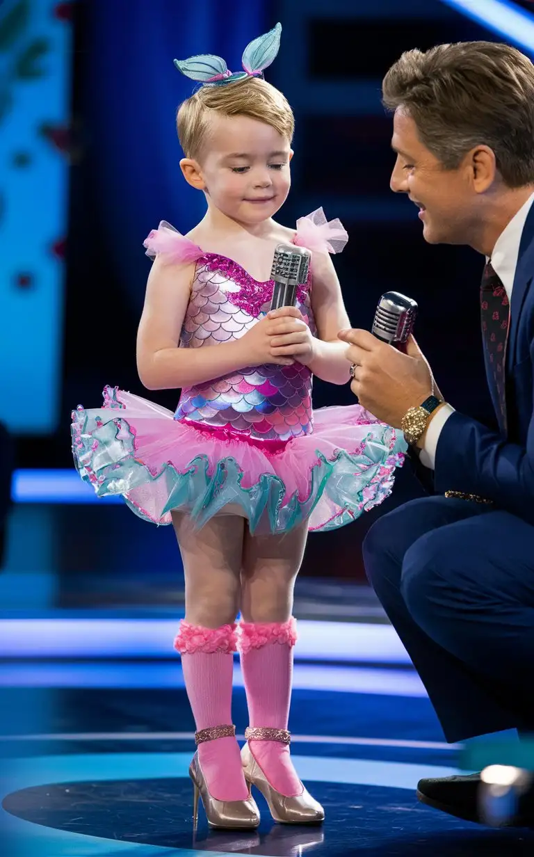 Gender role-reversal, Photograph an 11-year-old boy standing on a stage after performing on a game show, he is dressed up in a mermaid-themed dress with a pink leotard and a frilly tutu, pink socks and high heel shoes, he looks very shy and is avoiding eye contact, holding a mini-microphone, the game show host is talking to the boy while admiring his dress,  adorable, perfect children faces, perfect faces, clear faces, perfect eyes, perfect noses, smooth skin 