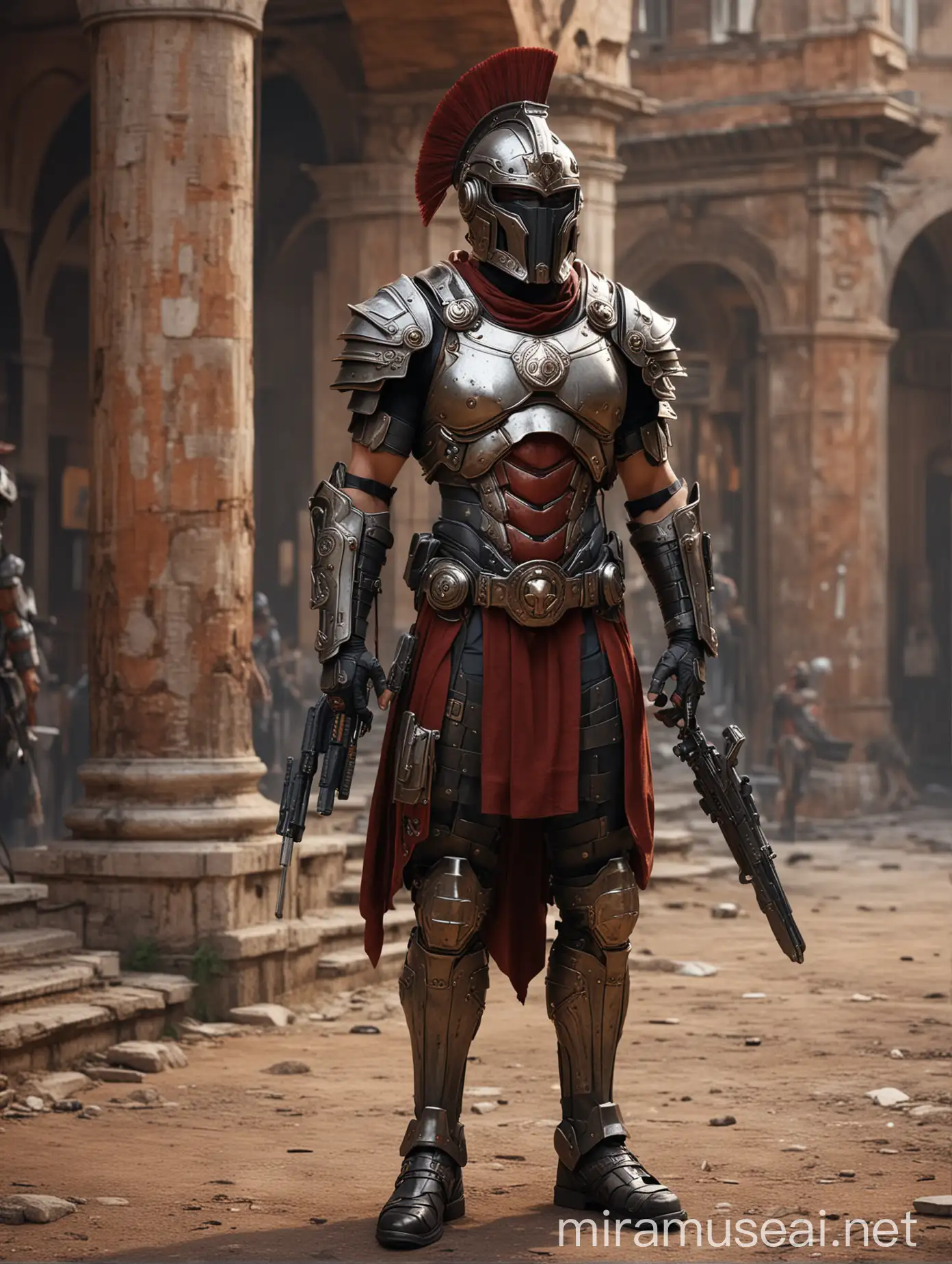 Sci fi royal Guardian, Rome, gladiator, cyberpunk, character design, helmet, fullbody