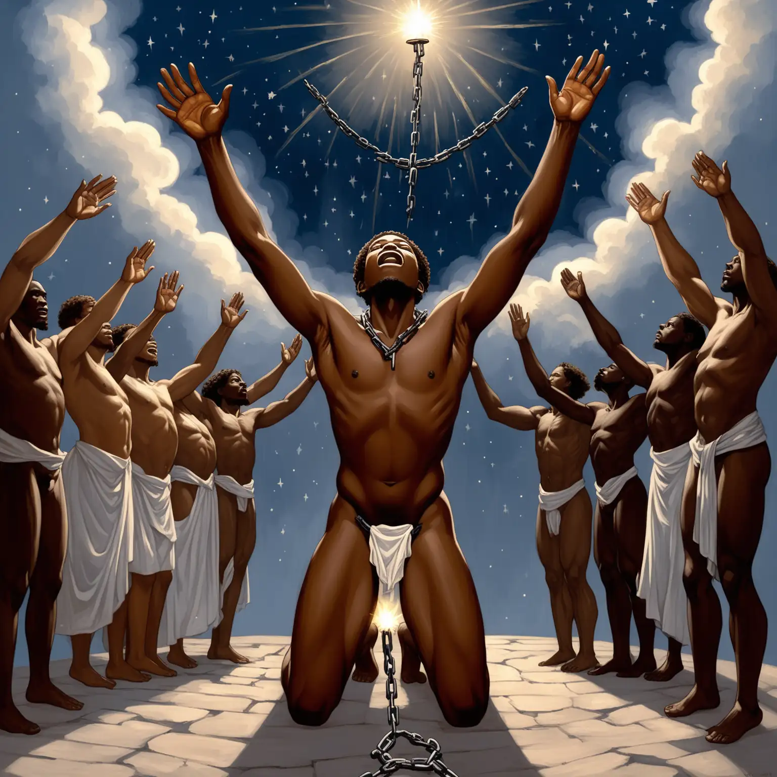Create a painting of Black male slave in the 1800s semi nude on his knees, looking up with arms spread to sky with broken chains around his hands giving praise with light from sky on his body down on Juneteenth night, celebrating his freedom and acknowledgment of his ancestors.