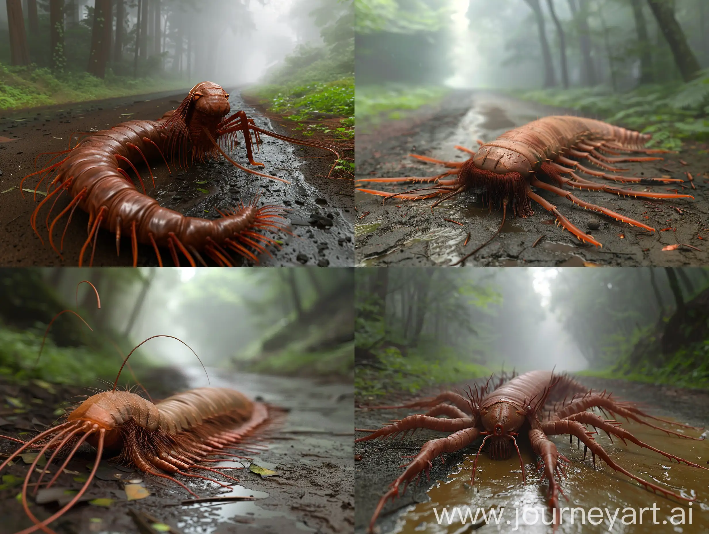 Japanese yokai ((( The giant centipede has the face of a Kabuki and extremely long hair )))scene, bird's eye view, The body is flat and reddish-brown in color, tokyo forest ((( far view, Slippery mud road)), Outdoor, Tilt, Nature, Photography, Light, Octane rendering, cinematic, realism, Using (((imagination))) to craft a photorealistic representation of an unusual fantasy dream, Amazing, shocking, Mysterious, Contrasty, gorgeous, evil, darkness, fog, decayed, ivory colors, Memphis, The UHD camera captures every detail of this moment, highlighting the colors and textures.
