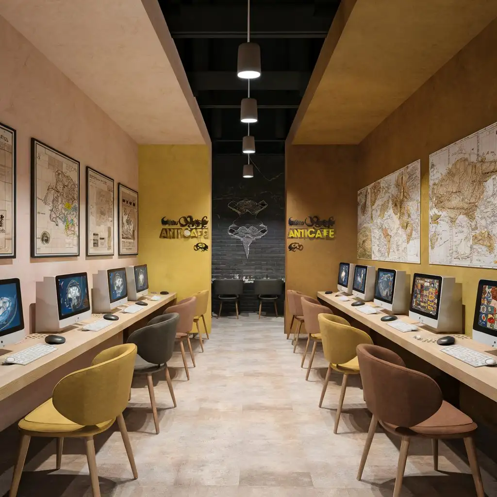 The associative concept for the attic anti-cafe is in the style of a modern and comfortable anti-cafe, where warm colors range from beige to brown, black, accent yellow, and khaki are present. Topics of computer and board games, maps of the dnd. A quiet and pleasant time in the company of friends