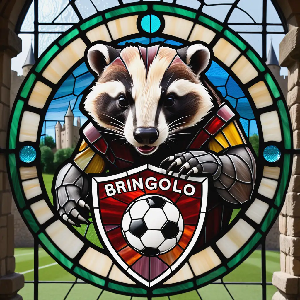 Logo for BRINGOLO soccer team with an aggressive badger, in stained glass, with a castle in the background
