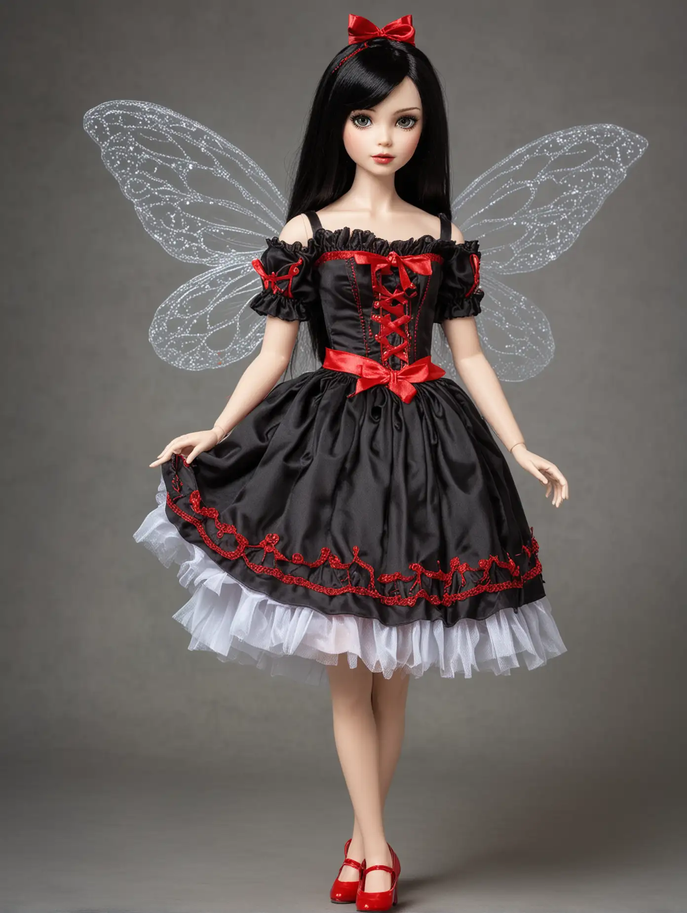 Beautiful female teenage doll, white skin, shoulder length black hair, wearing a Fairy costume, red shoes,