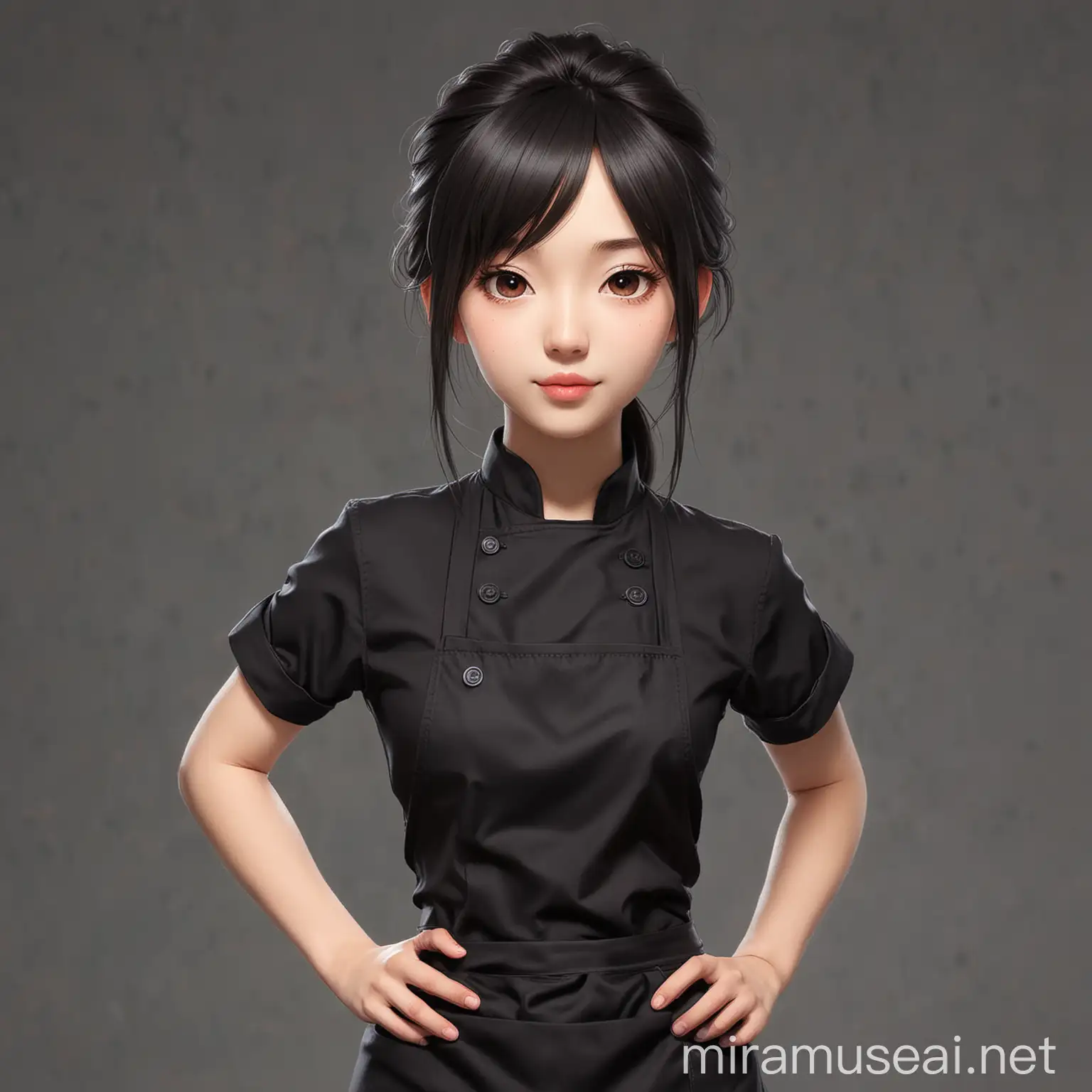 young woman chef wearing black shirt with black apron asian girl white 3rd anime
