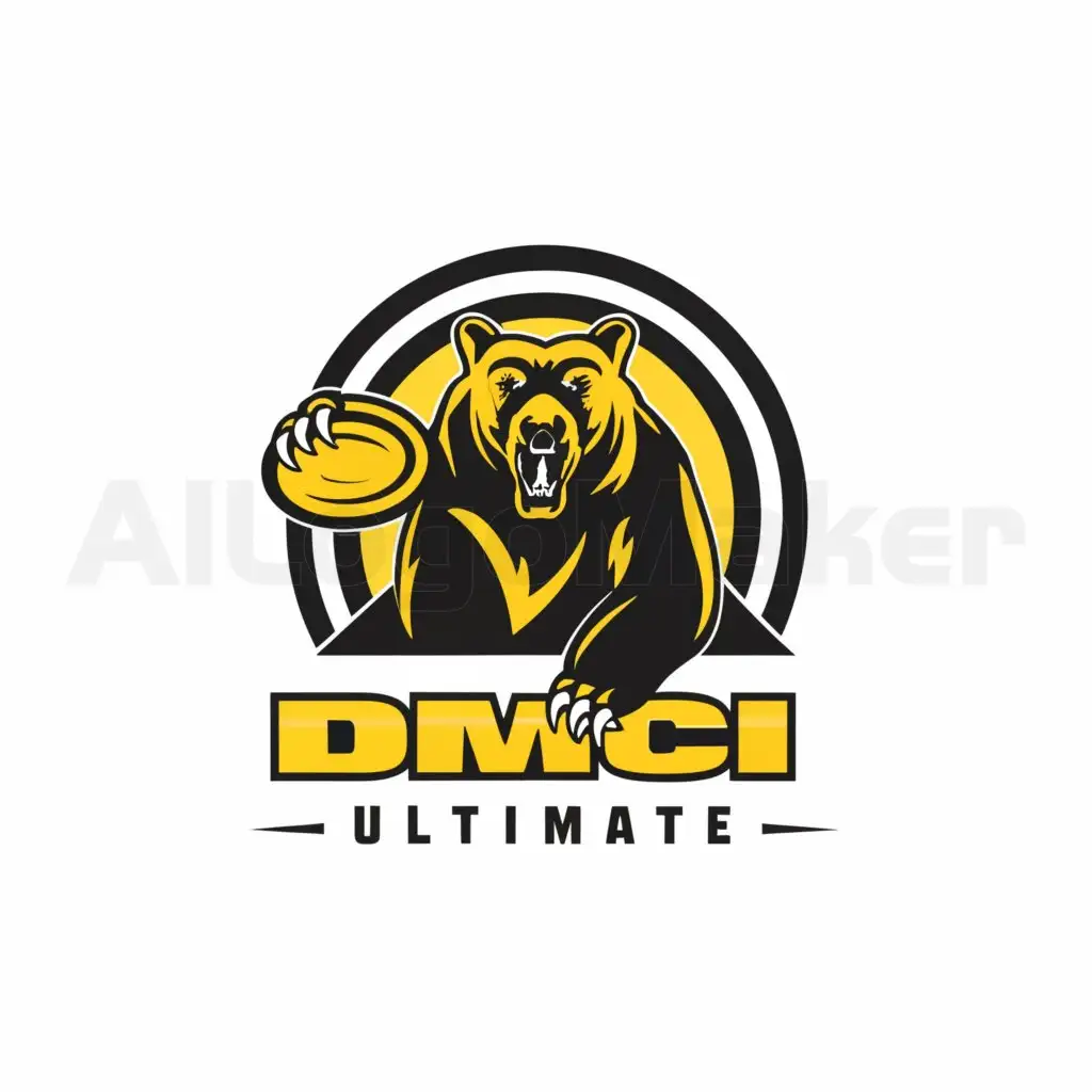 a logo design,with the text 'DMCI ULTIMATE', main symbol:A black bear clawing a yellow frisbee,complex,be used in Sports Fitness industry,clear background