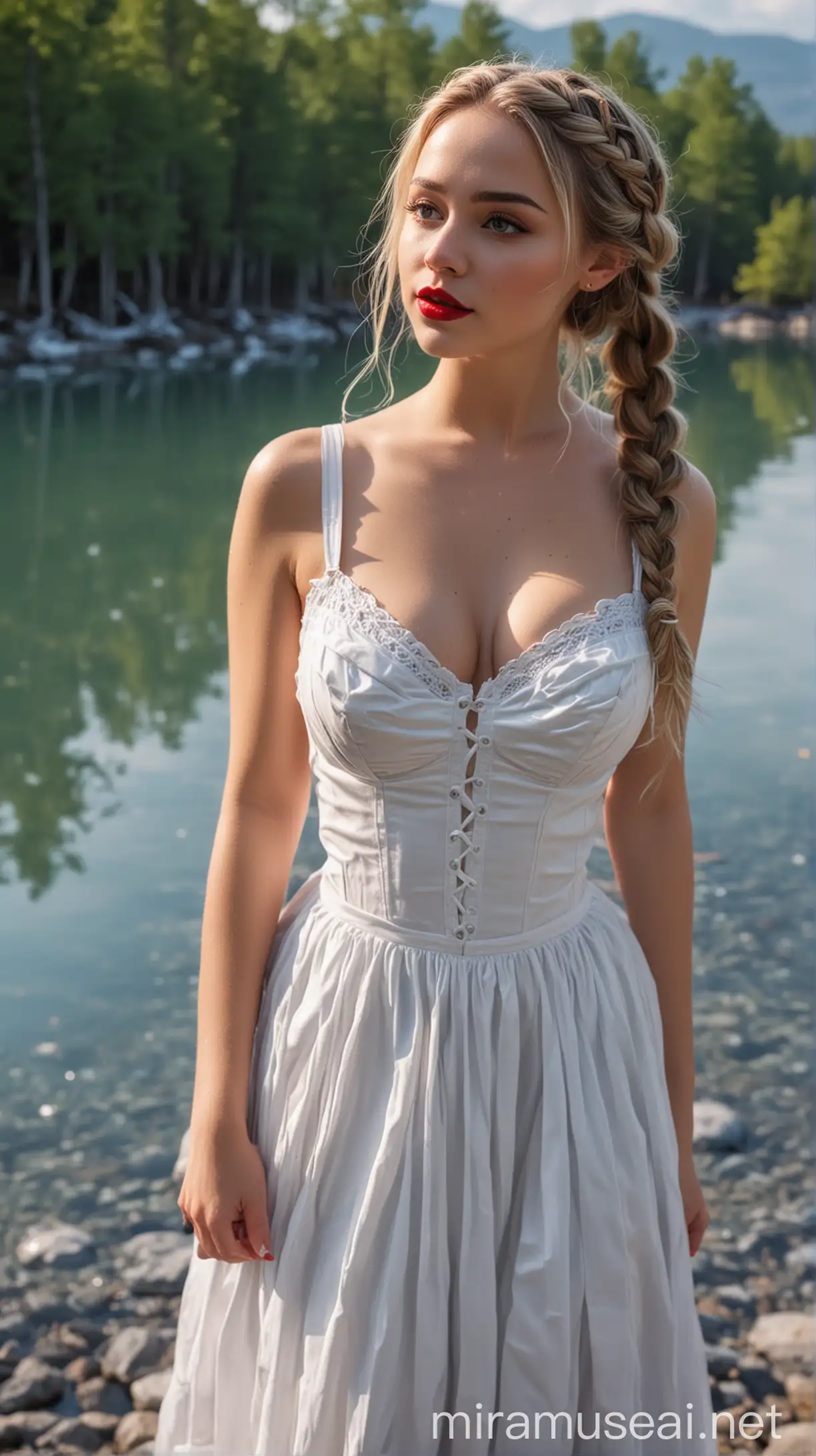 4k Ai art full body beautiful USA girl French braid hair red lipstick nose ring ear tops lacket in neck high heels full white dress bra big saggy boobs in usa frozen lake