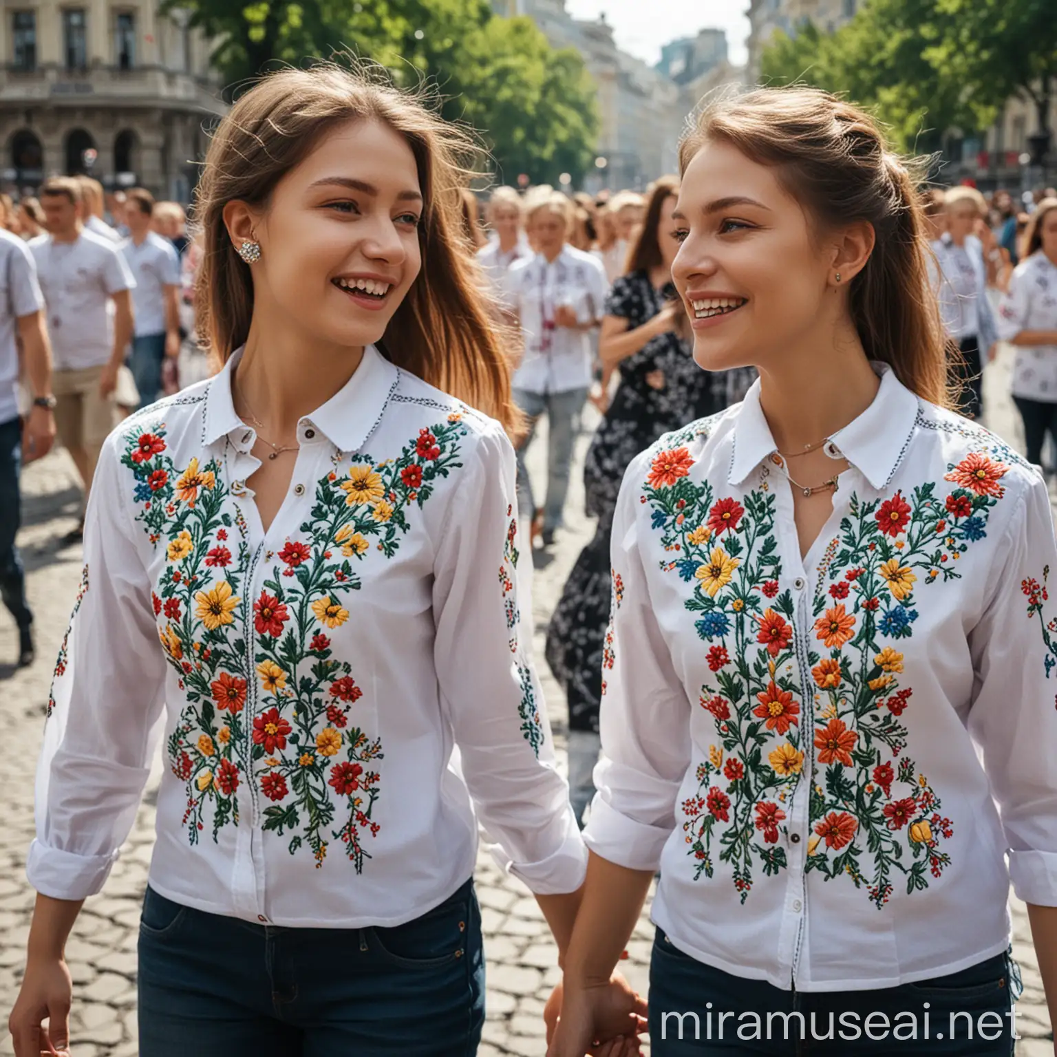 ukrainians in embroidered shirts go happily along Khreshchatyk with flowers