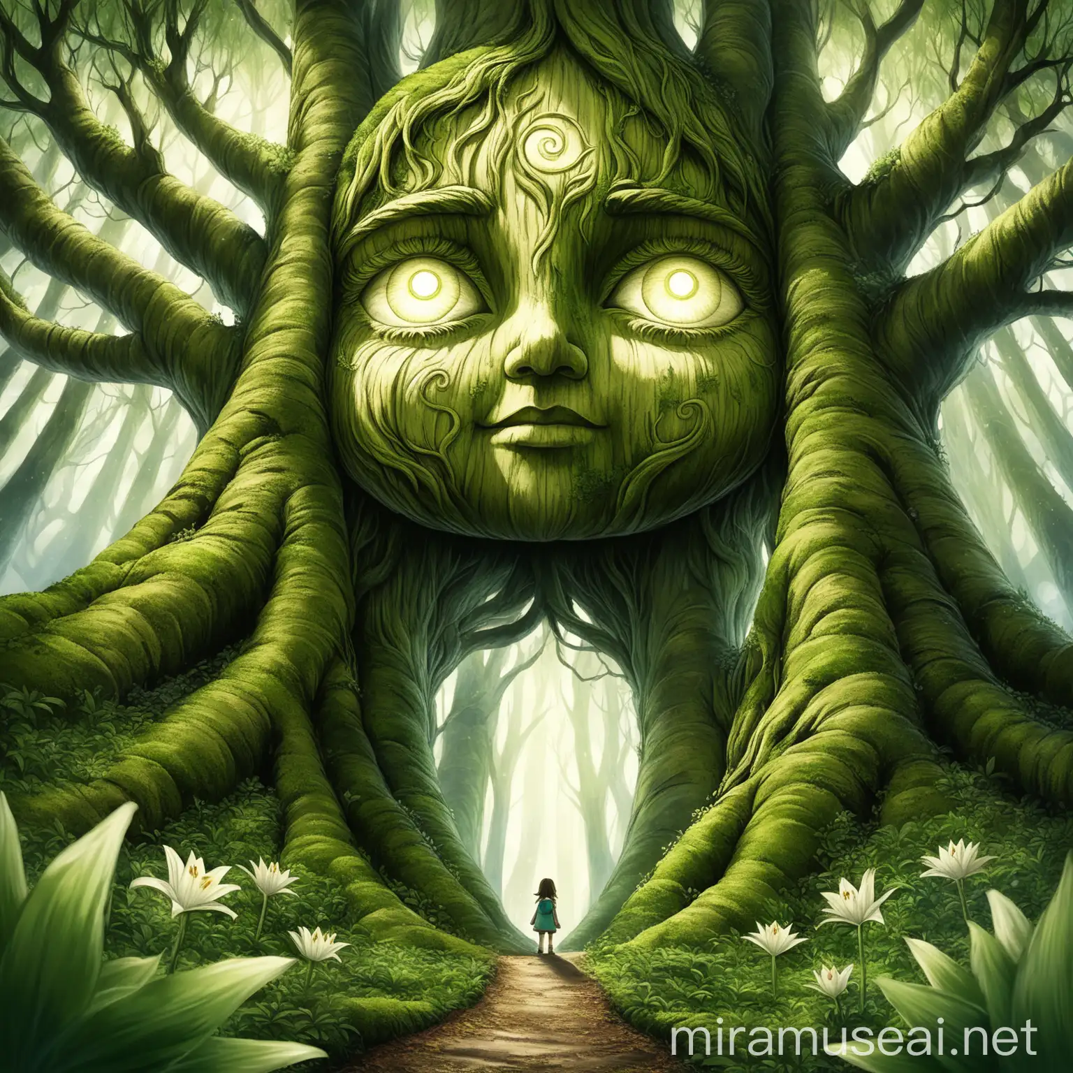 Suddenly, Lily saw it - a giant tree with a face carved from green moss and leaves. Wise eyes blinked at them. "Welcome, travellers," boomed a voice. "I am Luna the Wise. You seek the way home?"