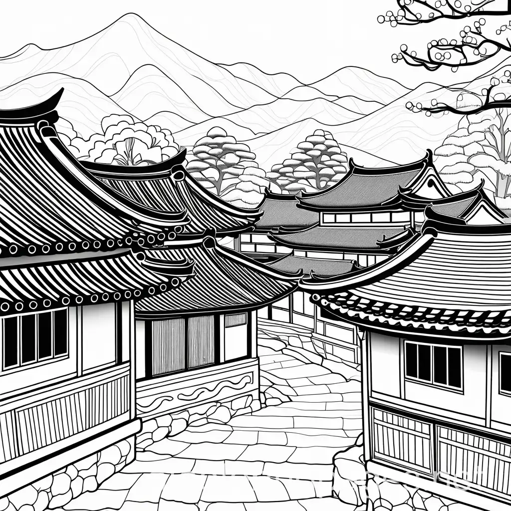 creae a coloring page of Namsangol Hanok Village, , Coloring Page, black and white, line art, white background, Simplicity, Ample White Space. The background of the coloring page is plain white to make it easy for young children to color within the lines. The outlines of all the subjects are easy to distinguish, making it simple for kids to color without too much difficulty