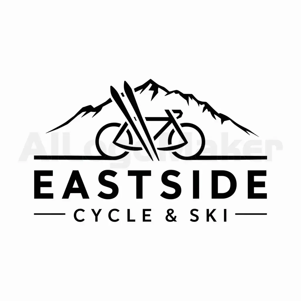 a logo design,with the text "EASTSIDE CYCLE & SKI", main symbol:A pair of skis and a bike resting on the words in the logo with a mountain in a background,complex,be used in Retail industry,clear background