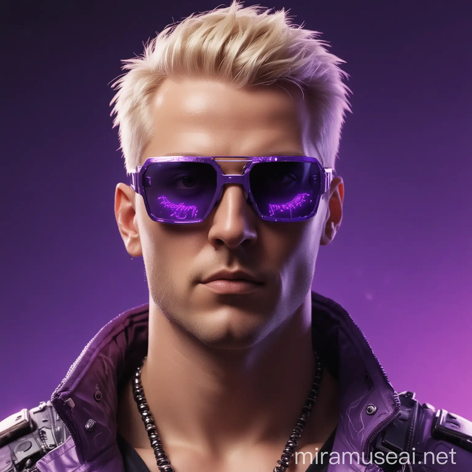purple themed cyberpunk nft for blonde white man with sunglasses on