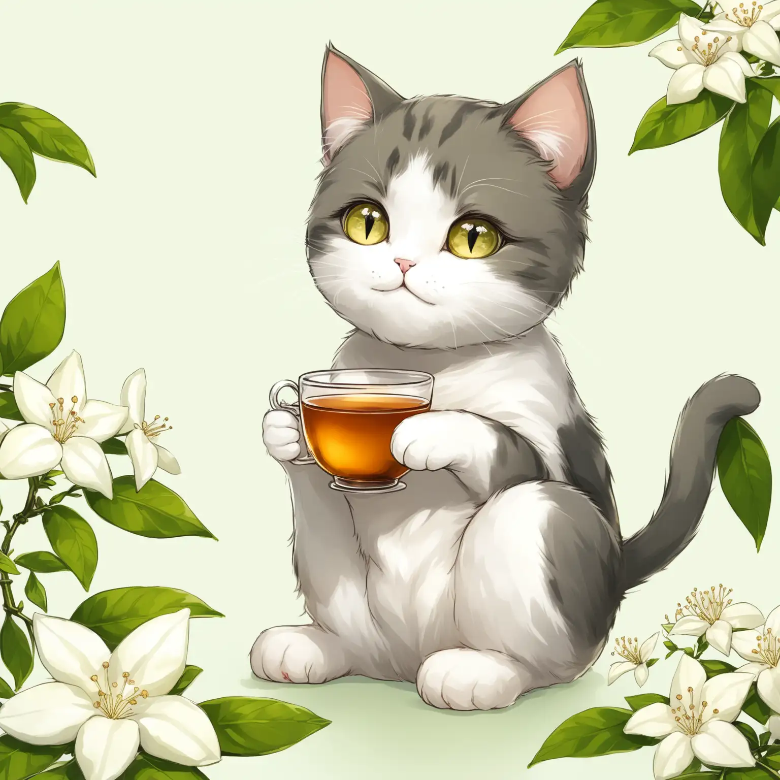 小清新浅色背景，一只可爱的小猫坐在一朵盛开茉莉花上喝茶，表情惬意放松