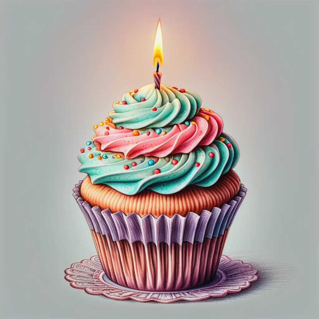 Intricate details, image of a cupcake with a lighted candle, in pastel drawing style, on a blank background