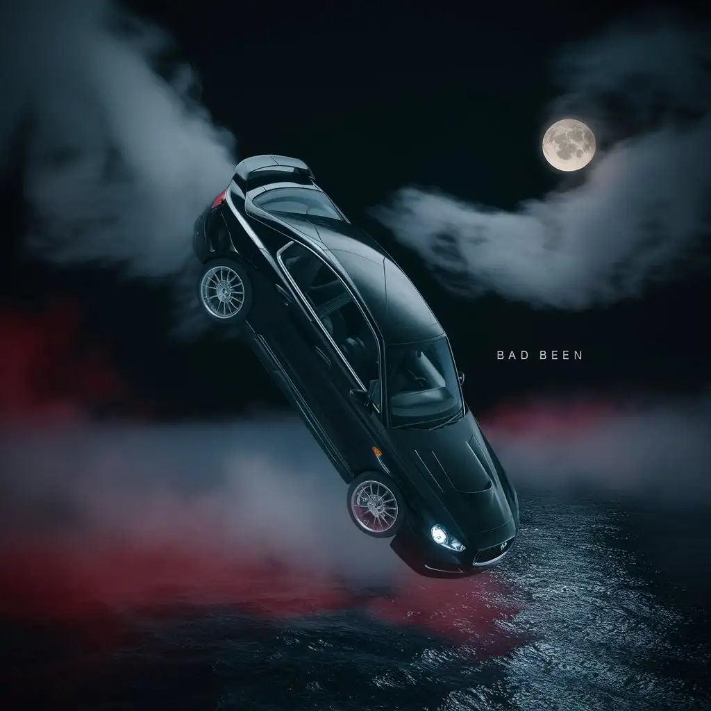 REALISTIC 4K BLACK CAR FALLING IN THE SEA FROM THE SKY AND CLOUDS , SIDE FAR ANGLE VIEW , PHOTOGRAPHY , RED AND PURPLE HOLLOW , NIGHT SCENE , ALBUM COVER , MINIMAL , FOGGY ART , DARK BLACK THEME , WITH  MOON IN THE SKY . WITH THE TEXT ( BAD BEEN ) ON THE PICTURE