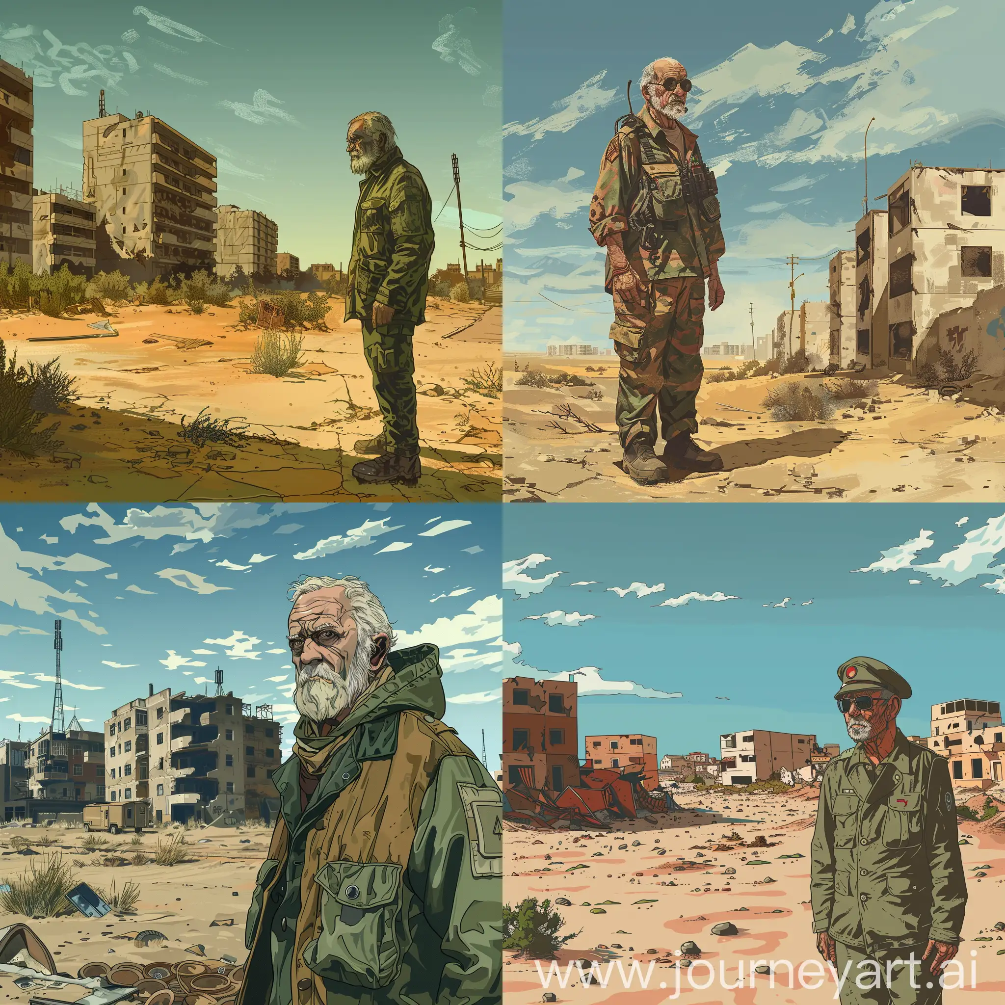 A grandfather in military clothes stands near the desert next to residential buildings in a post-apocalyptic state in 2D.