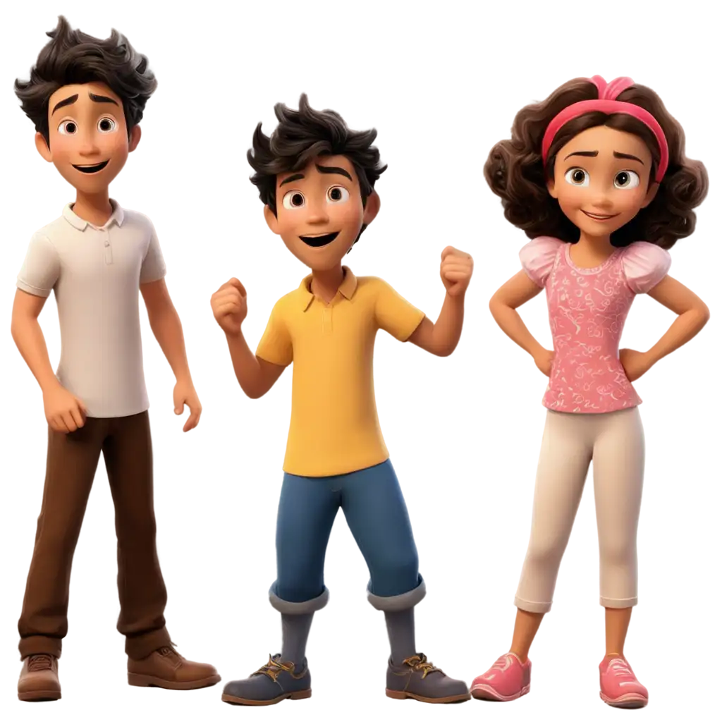Crie um menino divertido, Pedro, uma menina meiga, e um menino alegre em formato de desenho animado da disney, com diferentes caracteristicas entre si
