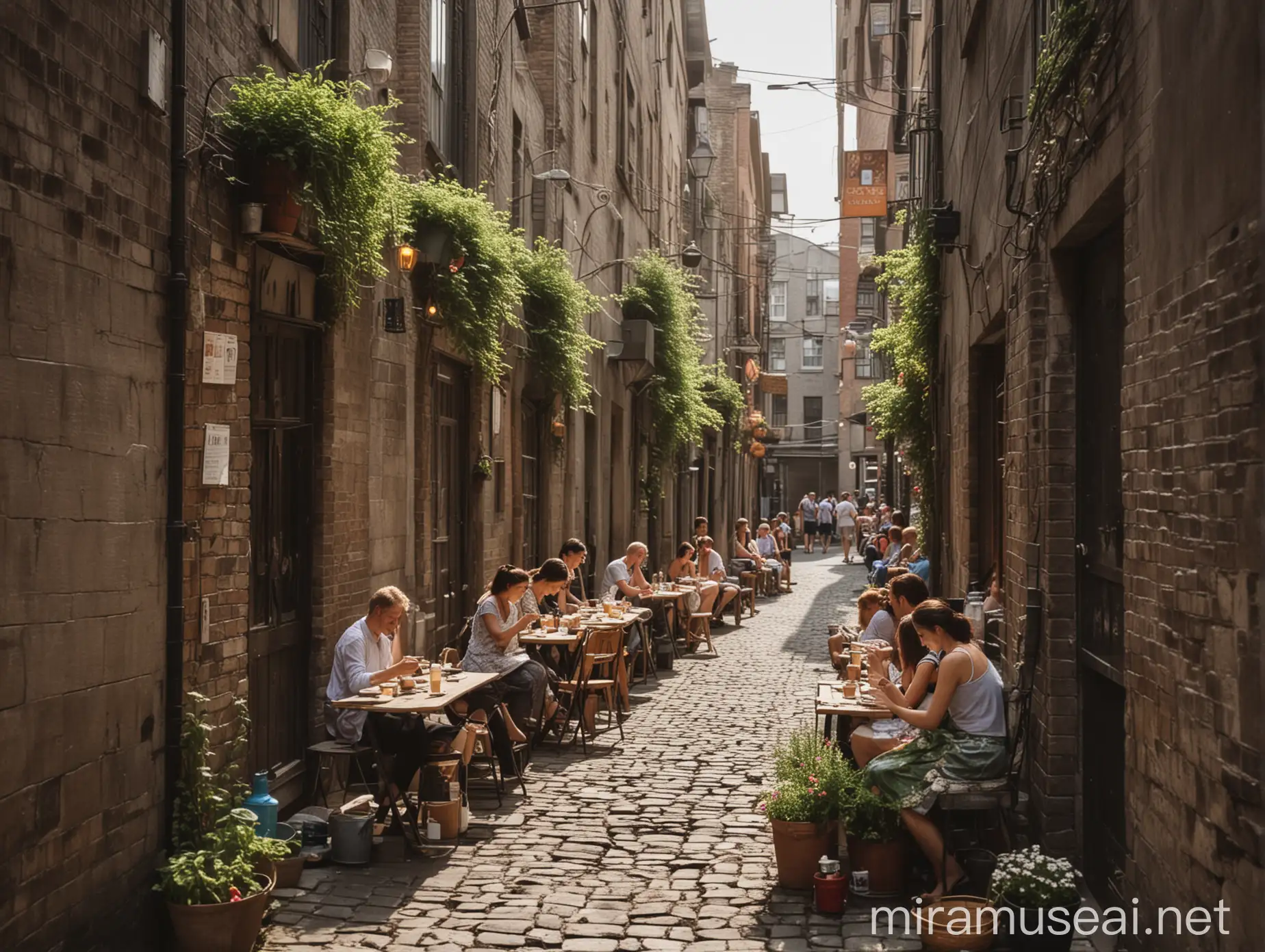 夏至到了，天气炎热，城市古老的小巷子里，人们摇着扇子，在户外喝茶聊天的情景。