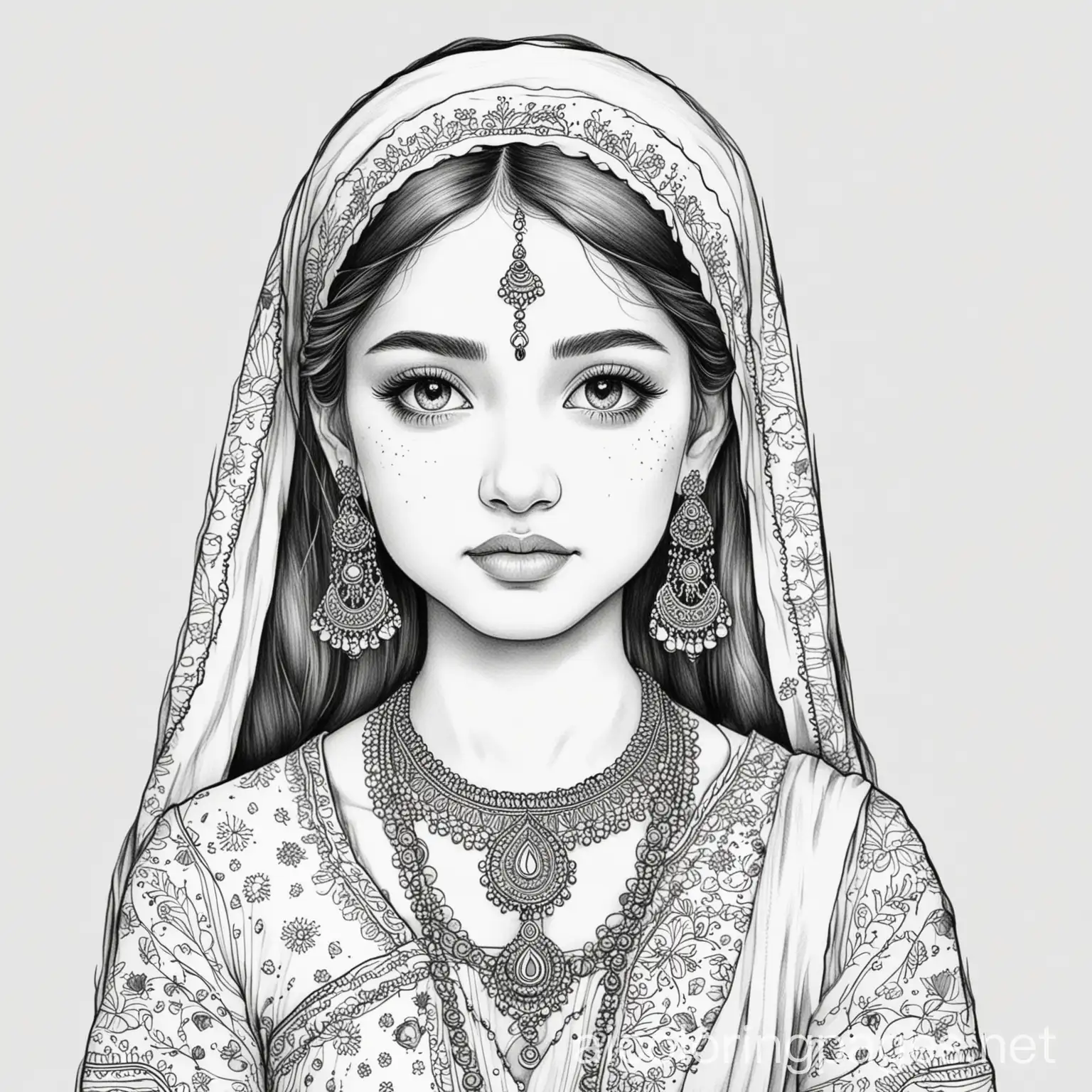 Girl In in Indian Dress, Coloring Page, black and white, line art, white background, Simplicity, Ample White Space. The background of the coloring page is plain white to make it easy for young children to color within the lines. The outlines of all the subjects are easy to distinguish, making it simple for kids to color without too much difficulty