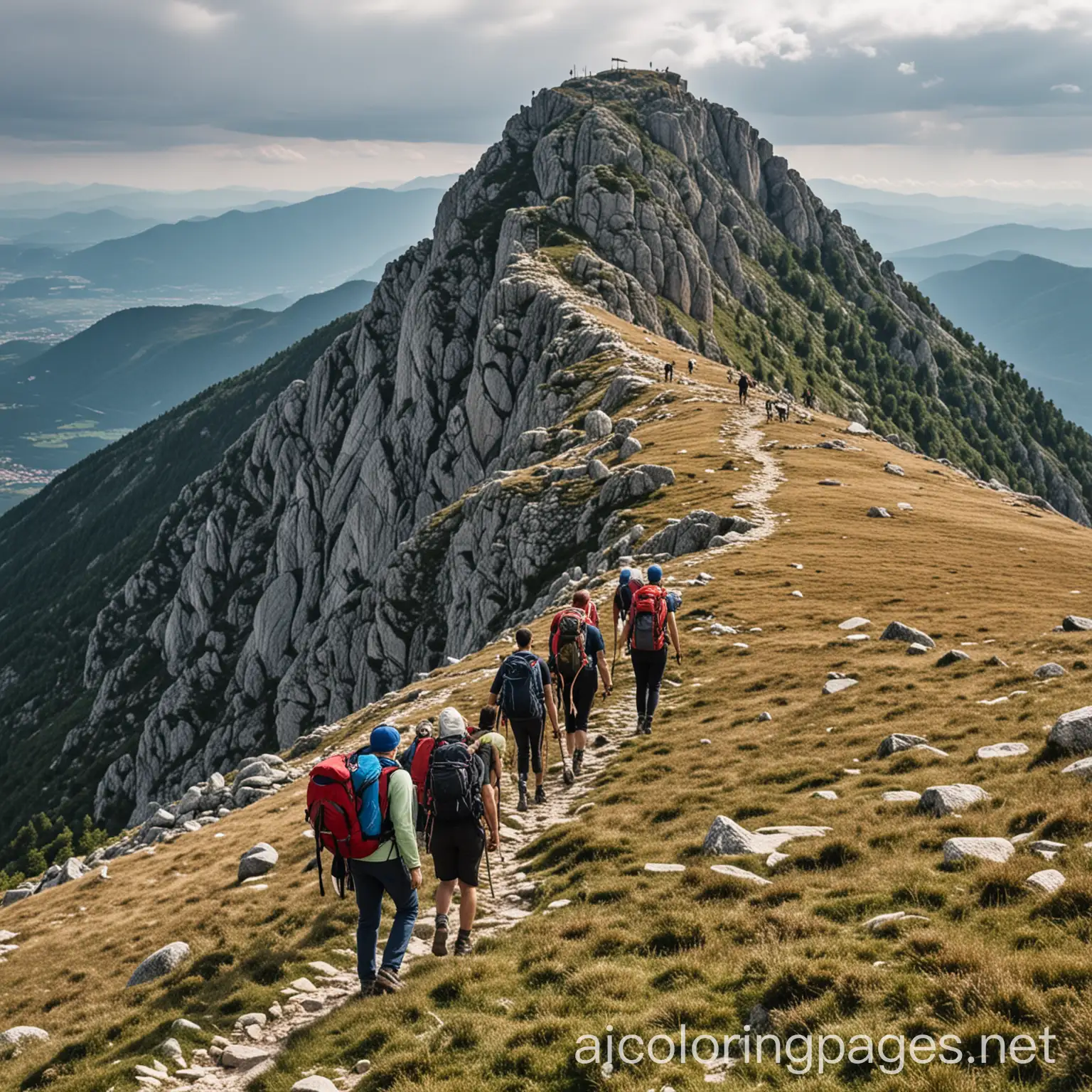 Hikers ascending a mountain top on mount Karadzica in North Macedonia.