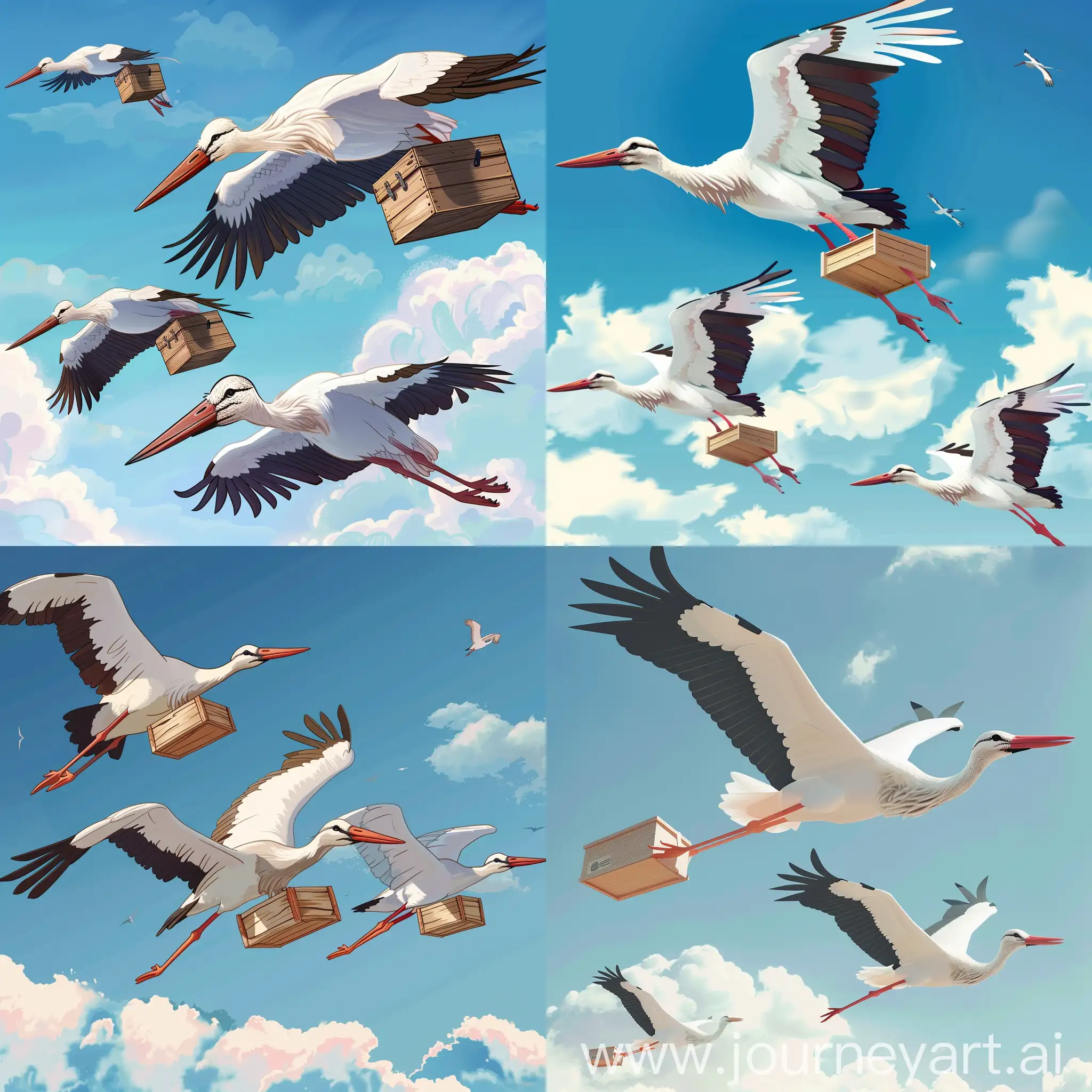 Create 3 vector storks that are flying in the sky and have wooden boxes in their beaks