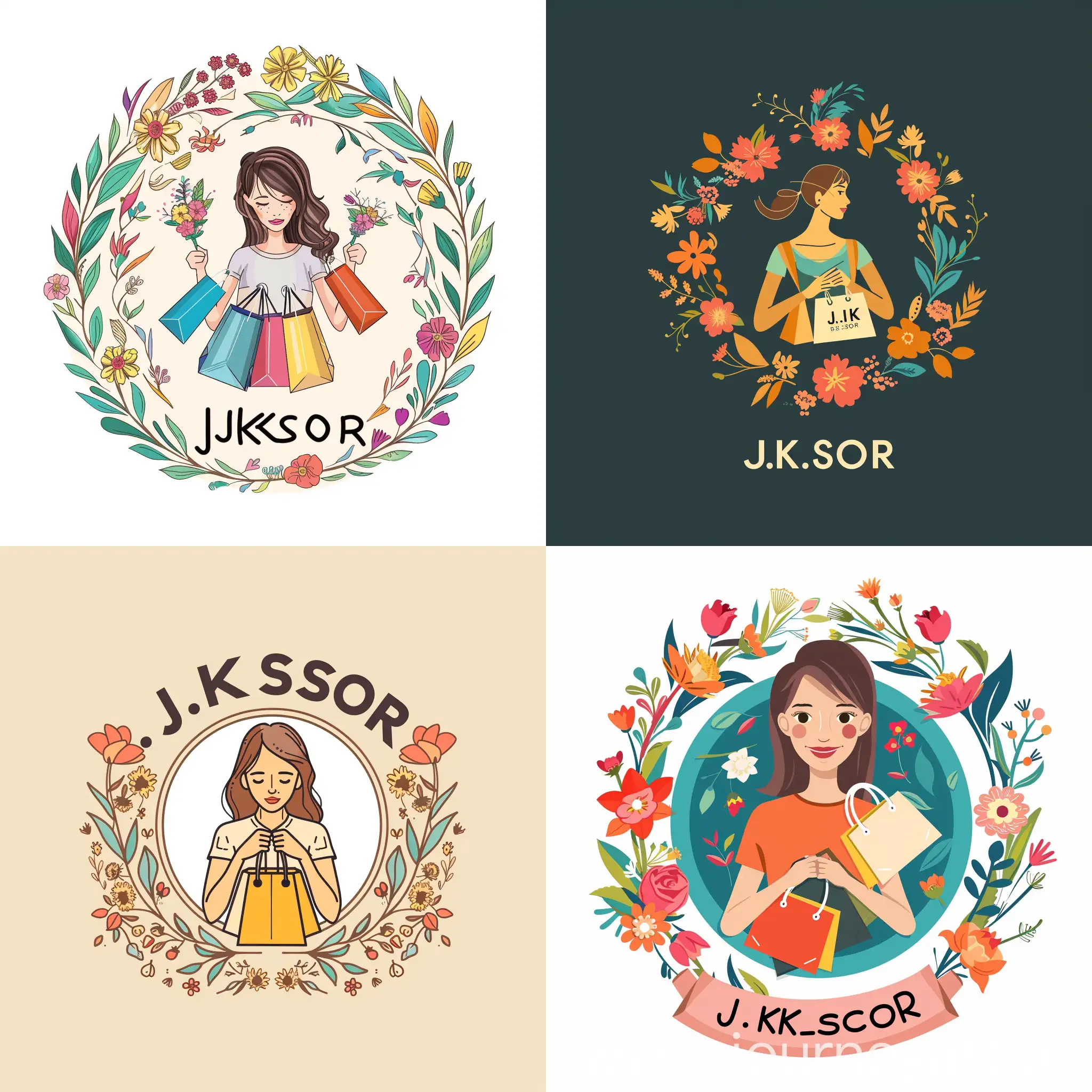Make a logo for a boutique-style women's online clothing store called J.K.STOR and with a woman with her hands holding shopping bags and a circle of flowers around this woman, the background 