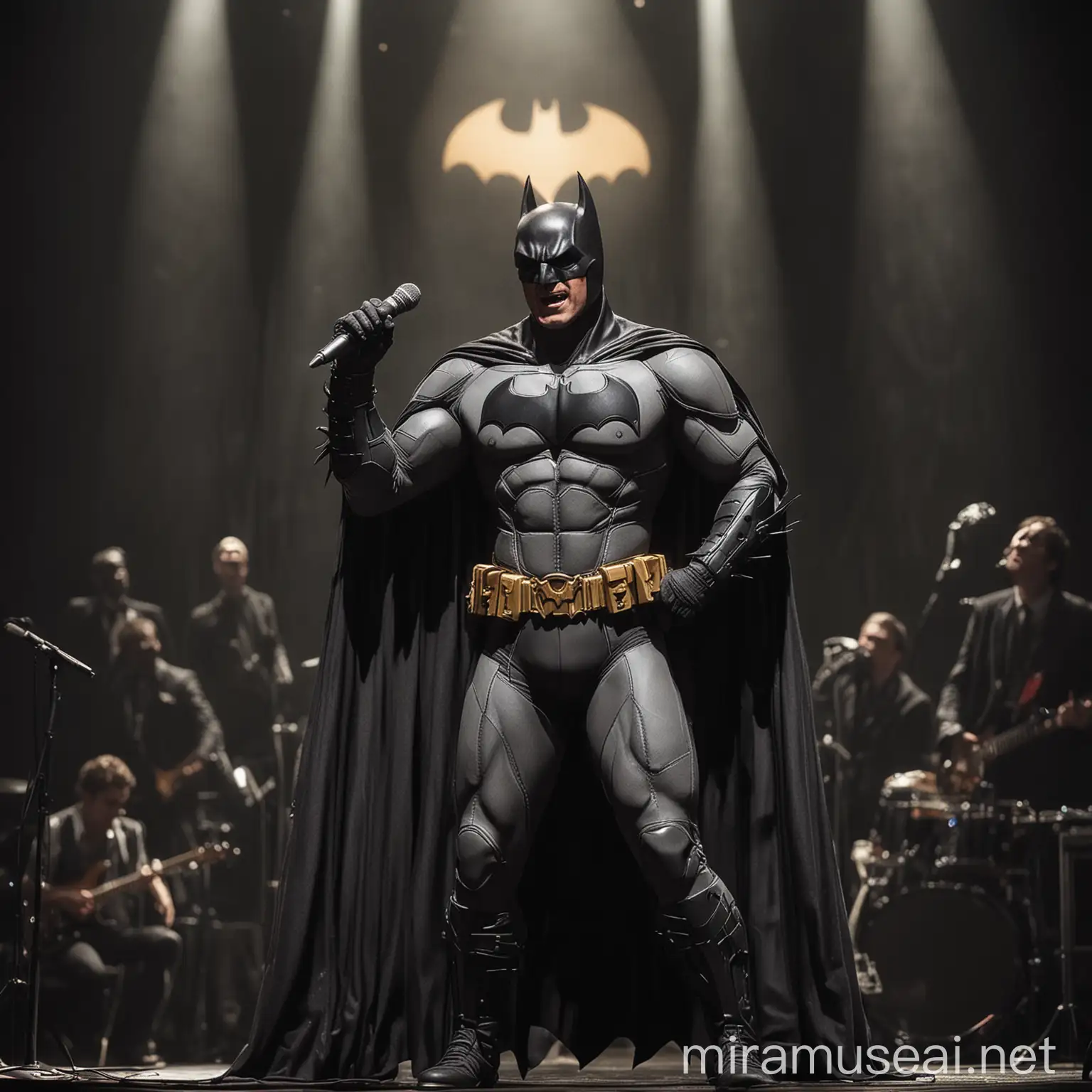 Batman Performing Solo Song on Stage with Microphone