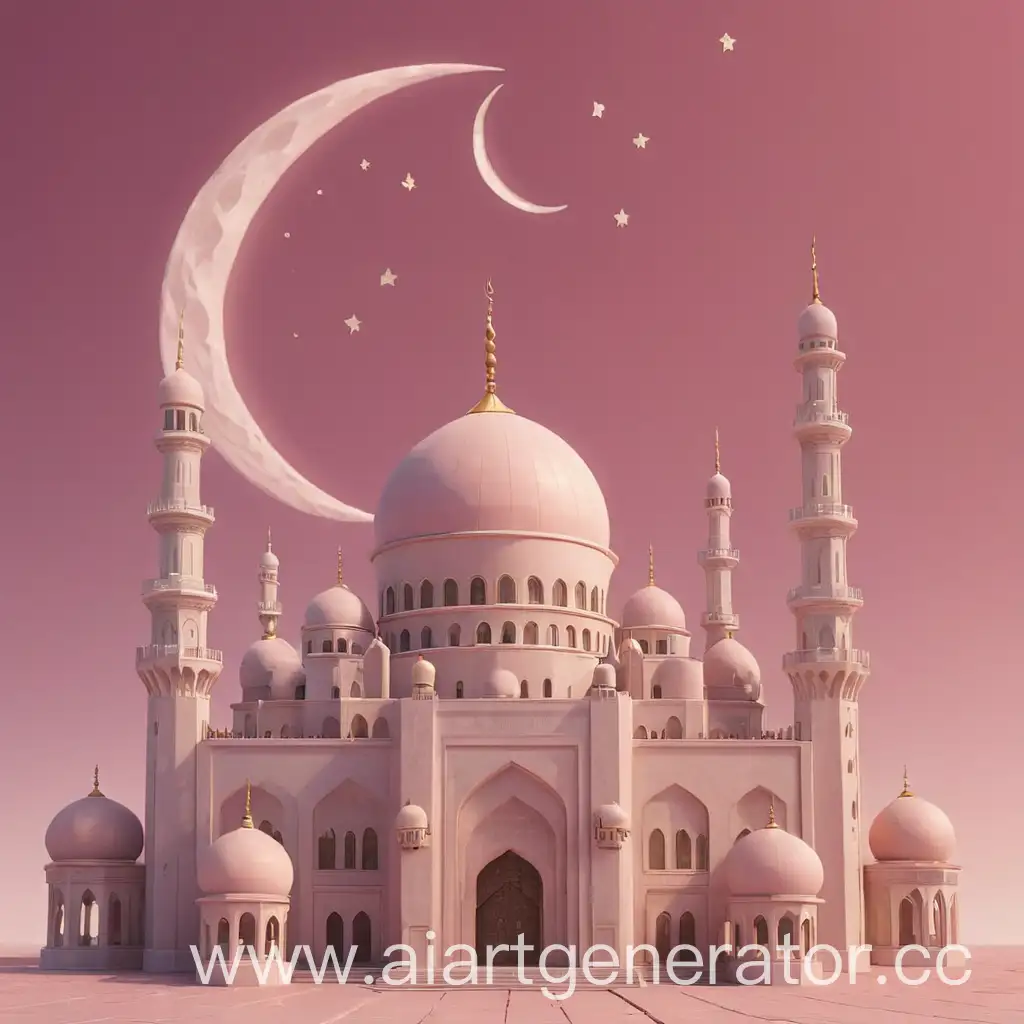 Mosque and moon, Islam, Eid al-Adha, 3d, blender, pink background
