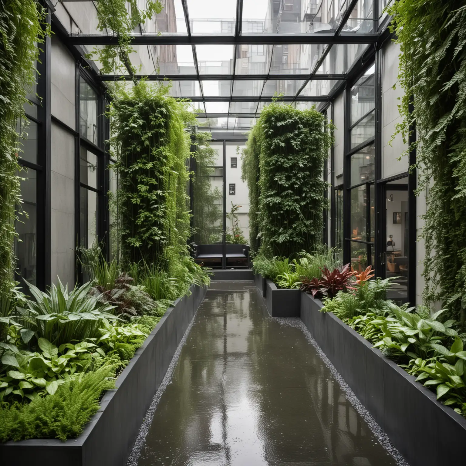 a wide shot of a modern urban garden design that features vertical gardens on sleek steel frames. Use a combination of ivy, ferns, and flowering plants for the vertical spaces, and design a linear water feature running through the center. Include a glass pavilion with a reflective roof and metal furniture. This garden is set in a bustling city on a rainy spring morning, with the greenery providing a refreshing contrast to the grey urban landscape. The rain adds a reflective sheen to the surfaces, enhancing the modern aesthetic. The garden includes concrete planters with integrated seating, offering a place to relax amidst the urban environment.