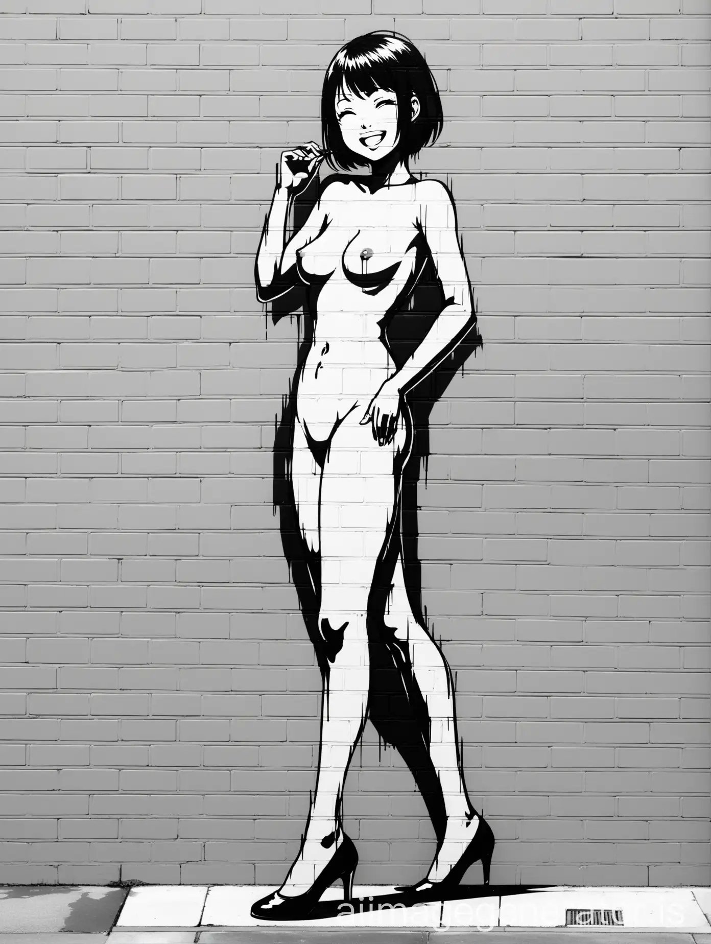 Japanese graffiti of a smiling naked Asian woman, short brown hair, on a white brick wall, painted in black and white, with black heels.
