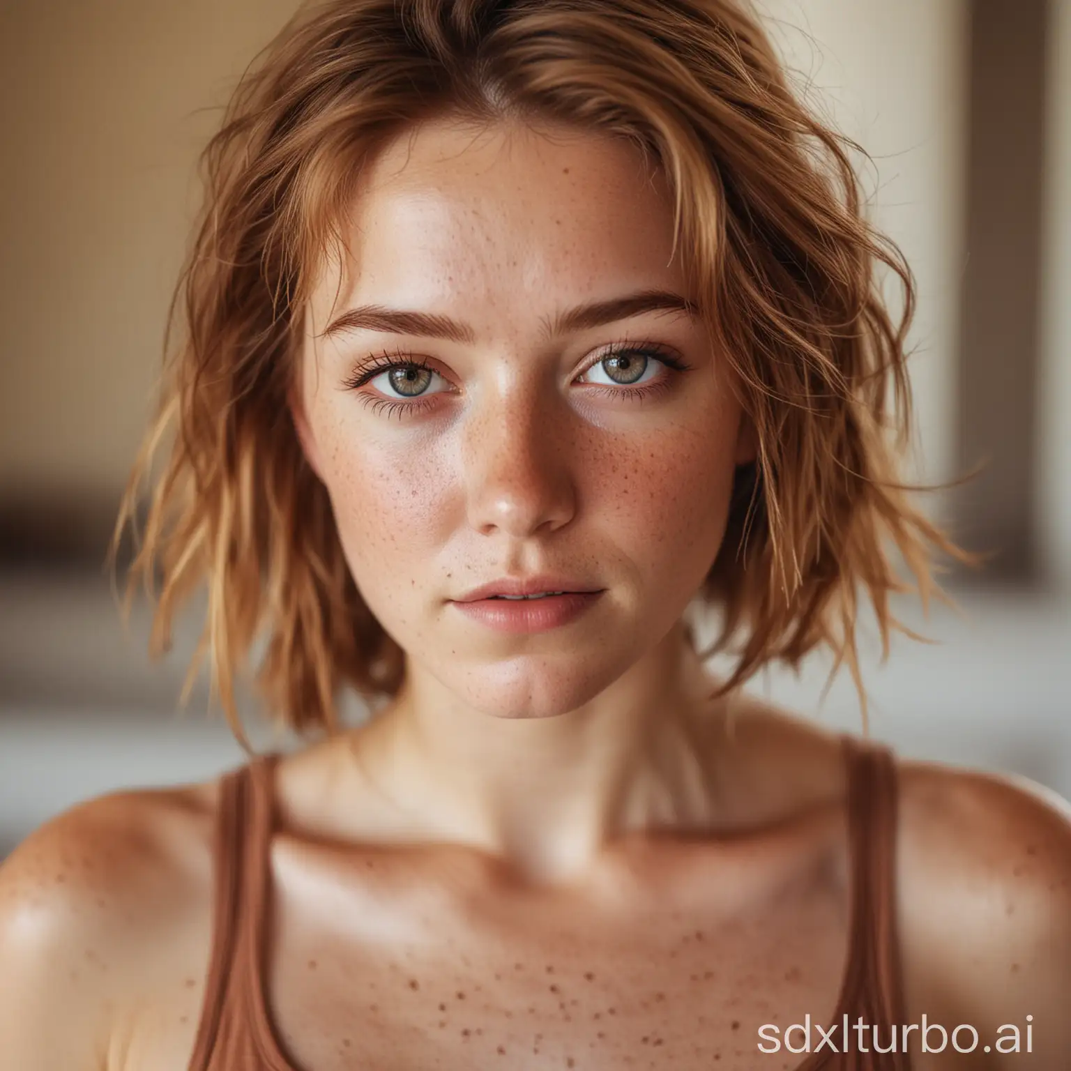 Portrait of a woman, close-up, shallow depth of field, soft natural light, focusing on the eyes, hand in the foreground, artistic composition, freckles, light brown hair, wearing a tank top, indoor environment, casual and relaxed, warm color tone