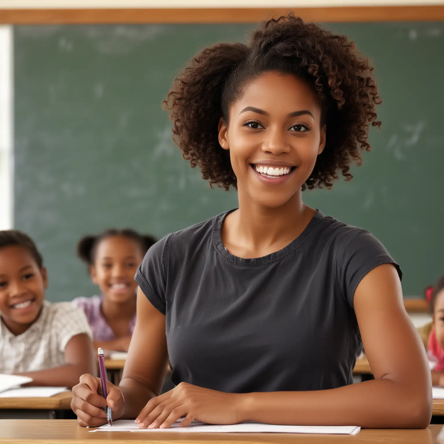 Joyful 25-year-old African American female teacher, blank chalkboard in the background with elementary students sitting their desk in front of her classroom. 
