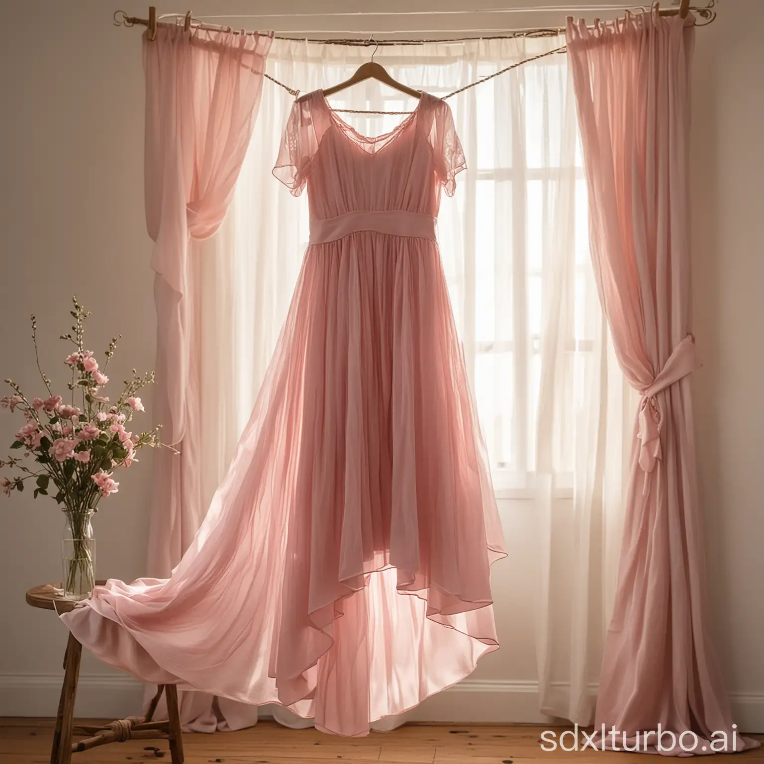 A beautiful pink dress hanging on a clothesline. The dress has a long, flowing silhouette and is made of a sheer fabric. The light shines through the fabric, creating a soft, ethereal look.