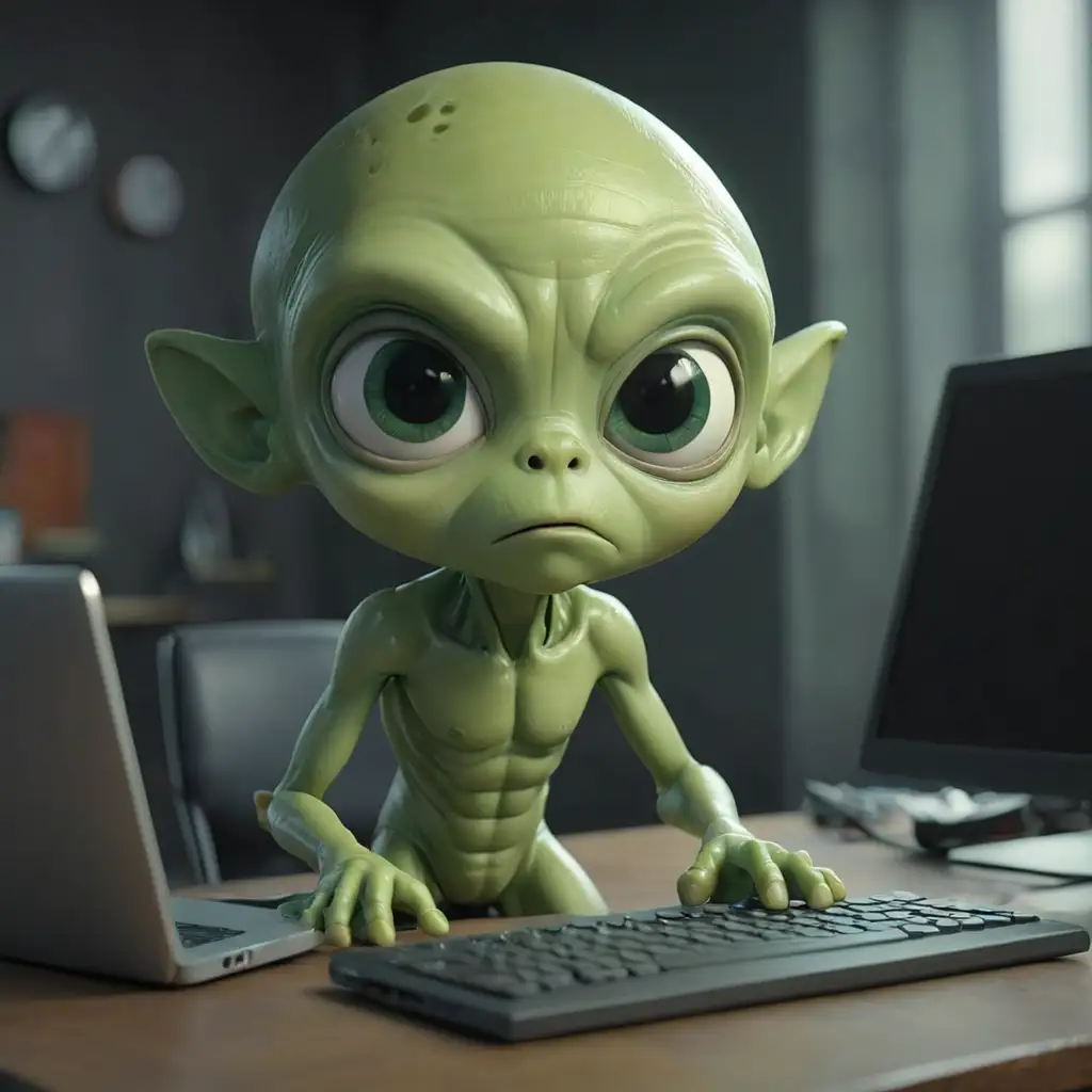 a lonely little green alien looking for 3d models on the computer