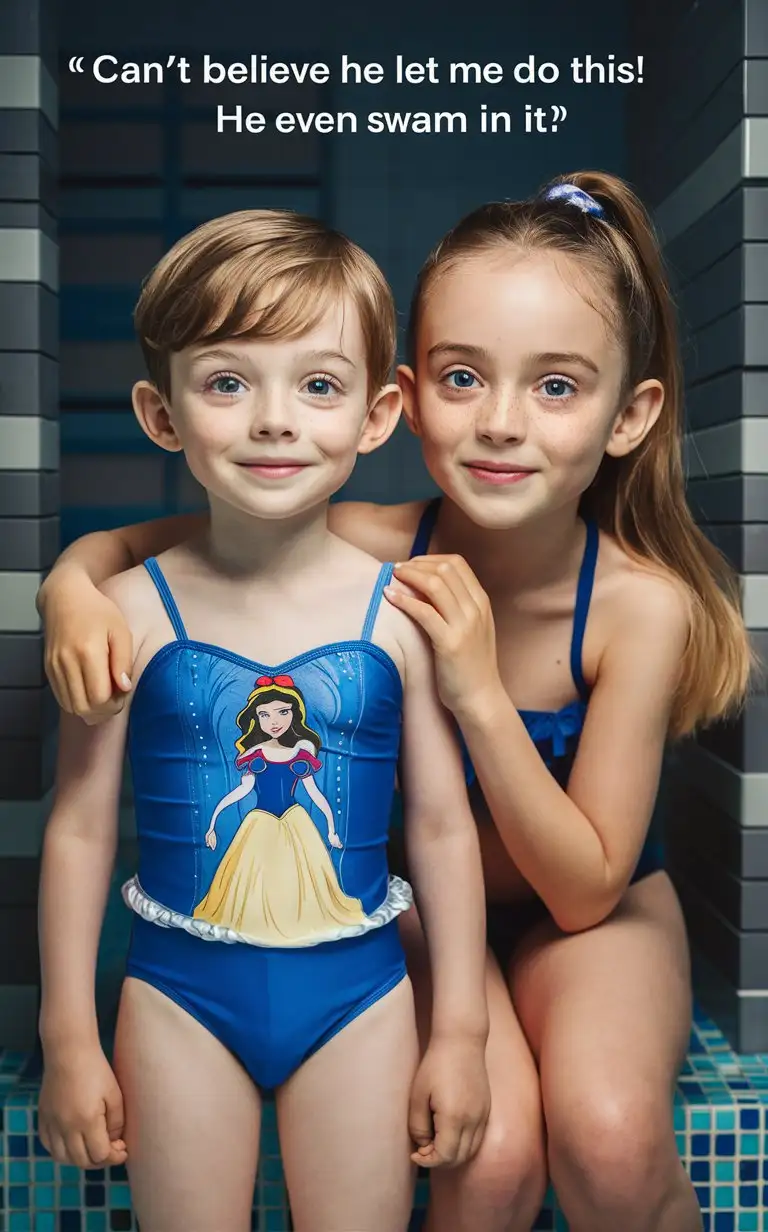  ((Gender role-reversal)), Photograph a brother and sister, a cute boy with short blonde hair and a pretty face age 8, and a cute girl with long hair in a ponytail age 9, in a swimming pool changing room, the boy is having difficulty getting changed into his blue Snow White Princess one-piece swimsuit, adorable, perfect faces, perfect faces, clear faces, perfect eyes, perfect noses, smooth skin, photograph style, the photograph is captioned “can’t believe he let me do this! He even swam in it!”