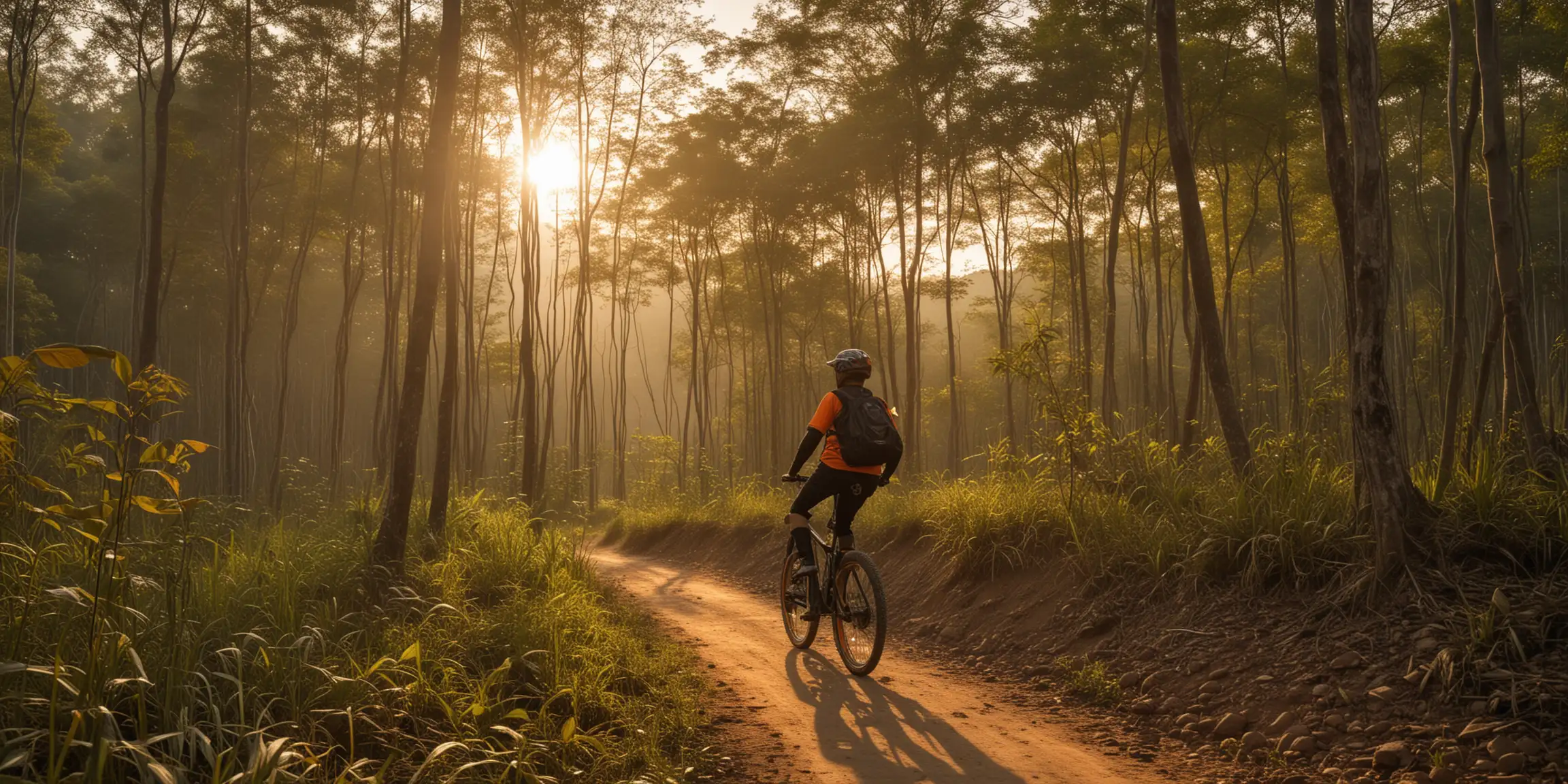 Adventurous Mountain Biking Amidst Northern Thailands Forests and Mountains at Golden Hour
