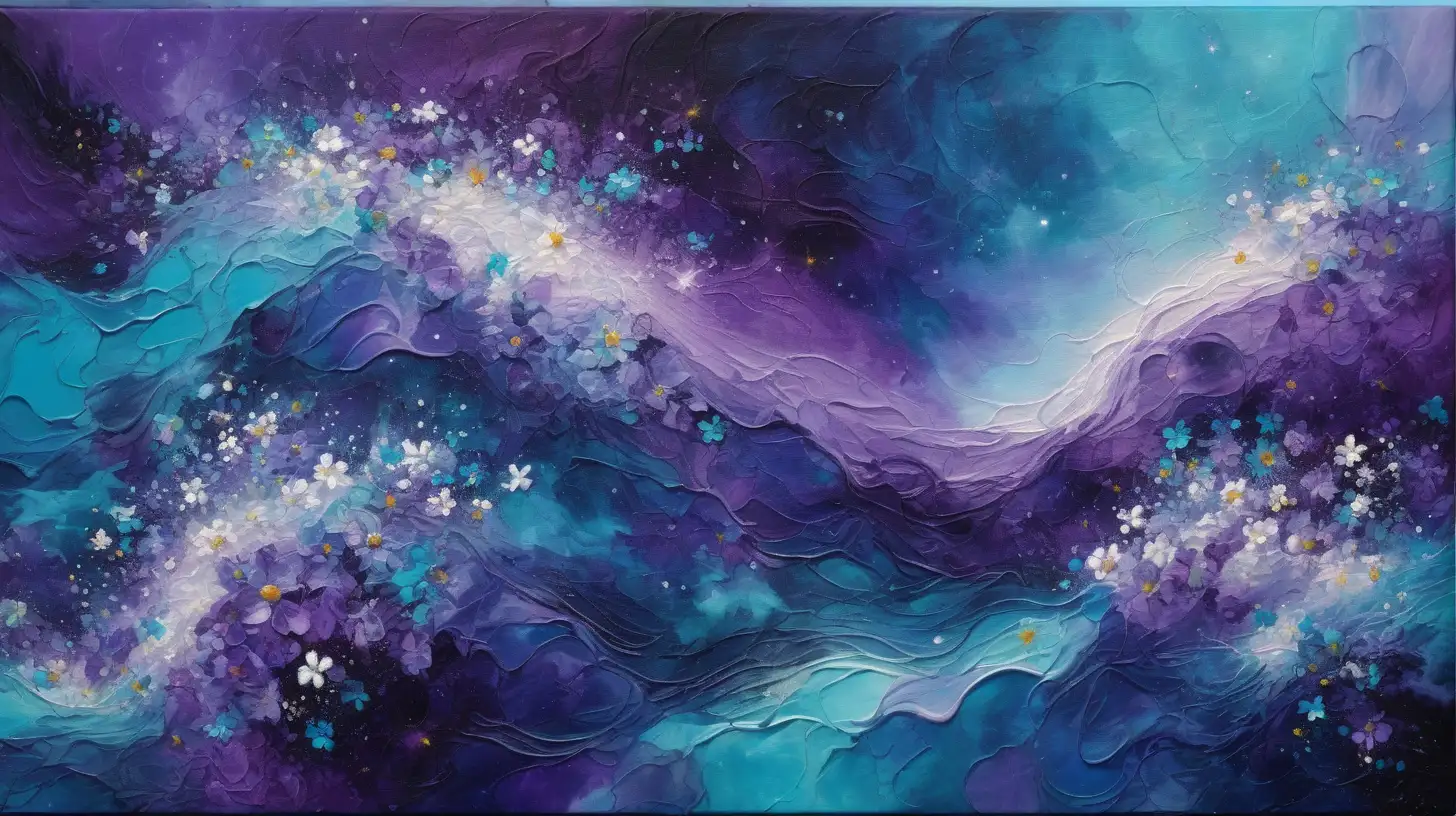 Abstract Oil Painting of Fluorescent Galaxies with Luminescent Flowers in Purple and Blue
