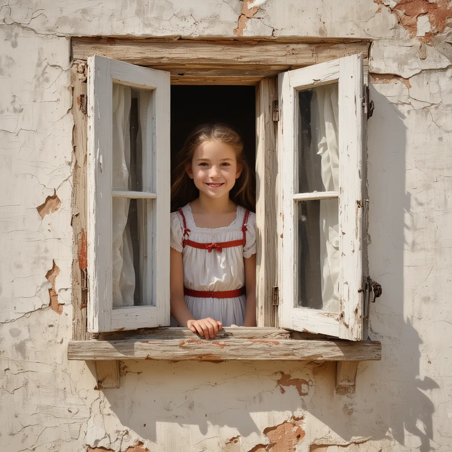A small smiling young girl looking out of a quaint, picturesque open window set into a rough, textured white stucco wall with patches of wear and chipped paint revealing layers beneath. The window frame is wooden and painted a weathered red which add to the rustic charm. Soft shadows gently drape over the scene, suggesting a warm, sunny day. The image is rendered in a painterly style, with visible brushstrokes that blend the colors gently and give the entire scene a dreamy, impressionistic quality. 