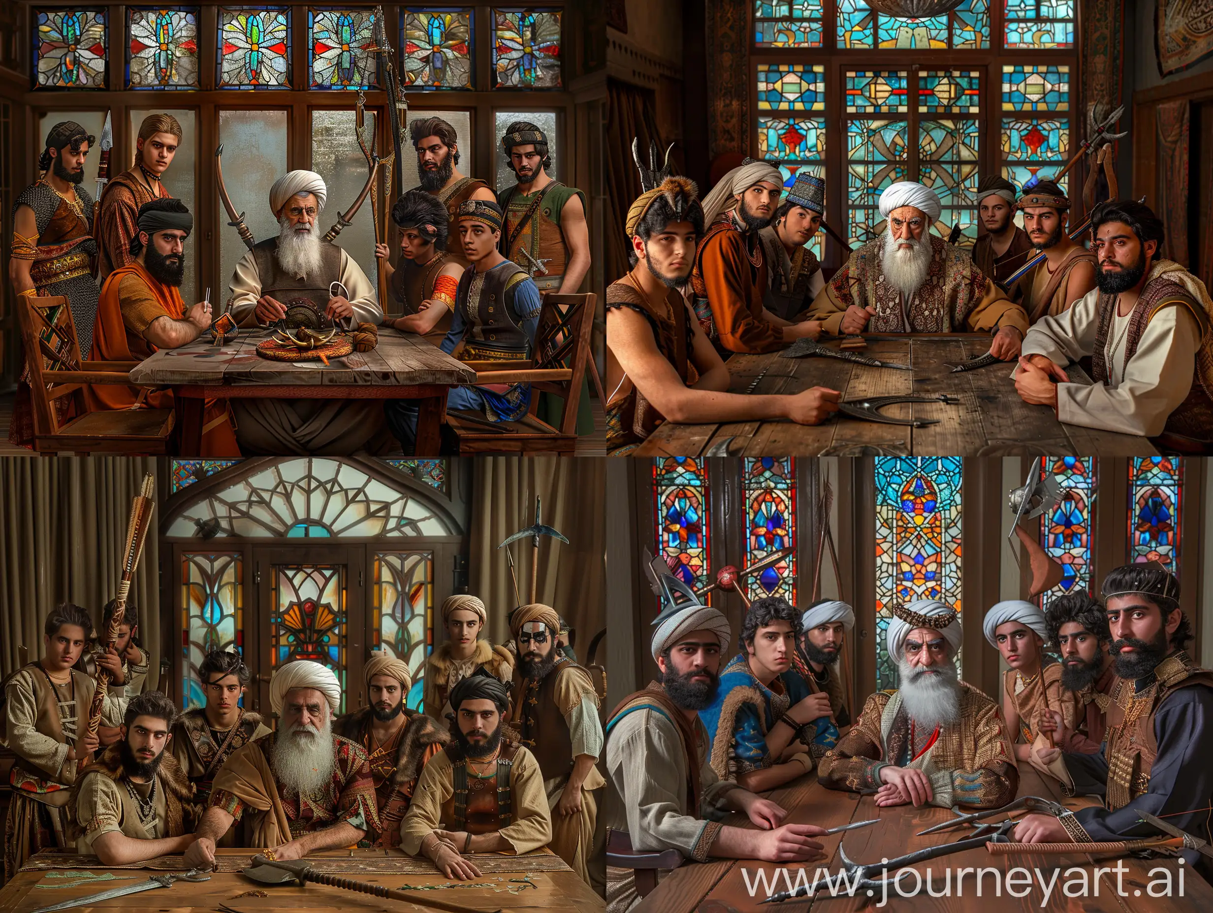 In a traditional house in ancient Iran with stained glass, a middle-aged man with a white beard is sitting at a wooden table with seven young men, the middle-aged man with a white beard is wearing a traditional Persian dress and a hat shaped like a lion's head. One of the seven young men has a black beard and a trident in his hand, another young man has a bow on his back and a short beard and a headband, another young man has two swords on his back and a traditional Persian dress. , the other young man has a beard in an ancient Iranian blacksmith costume, the other young man has a sword on his back, create a realistic photo with fine details for me